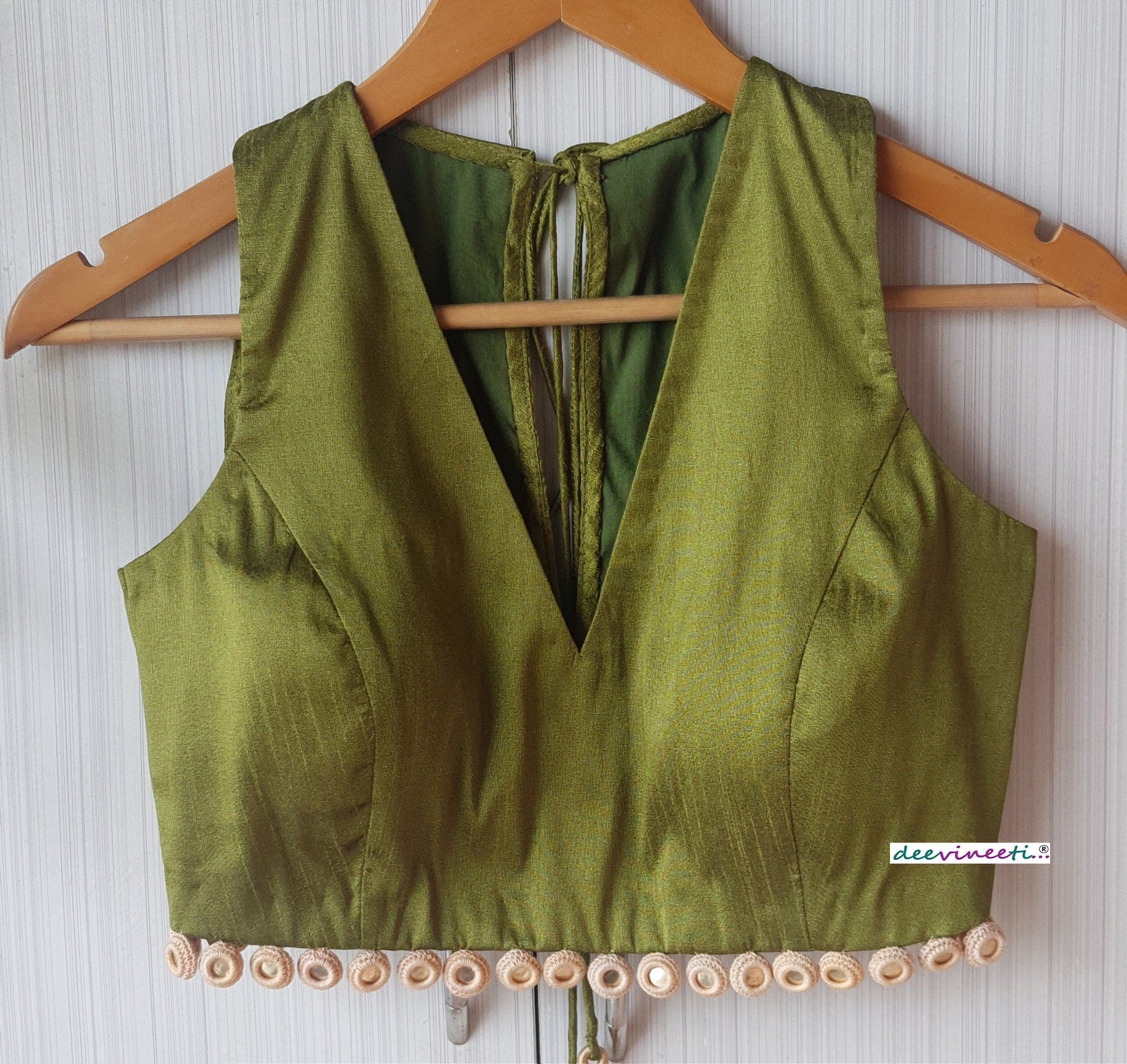 Raw Silk Deep V Neck Blouse with Mirror Fringe DVBL_251