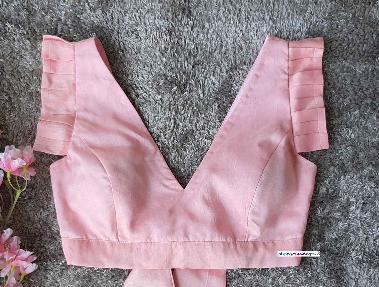 Pink Tussar Silk V Neck Pleated Sleeves Blouse DVBL_220