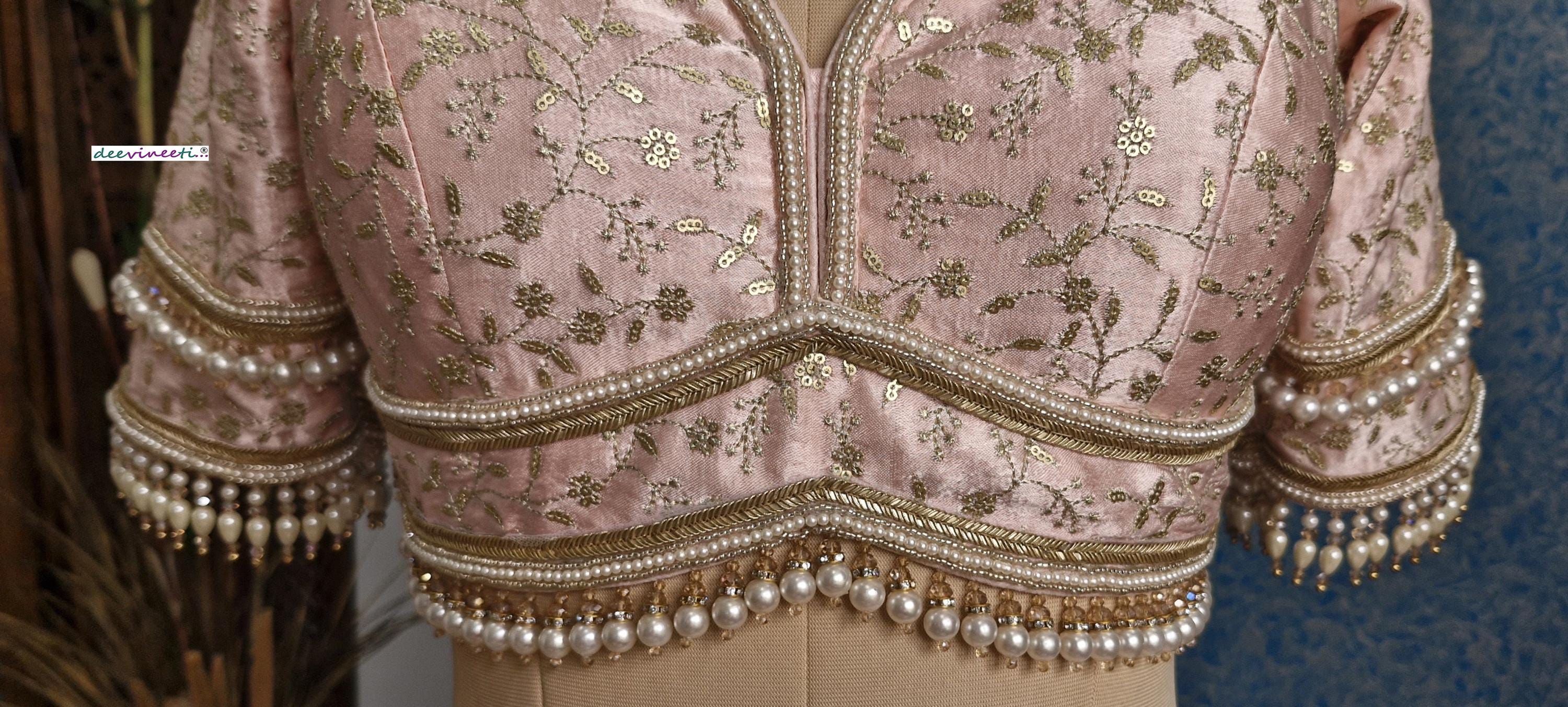 Peachish Pink Embroidered Sweetheart Neck Blouse DVBL_381