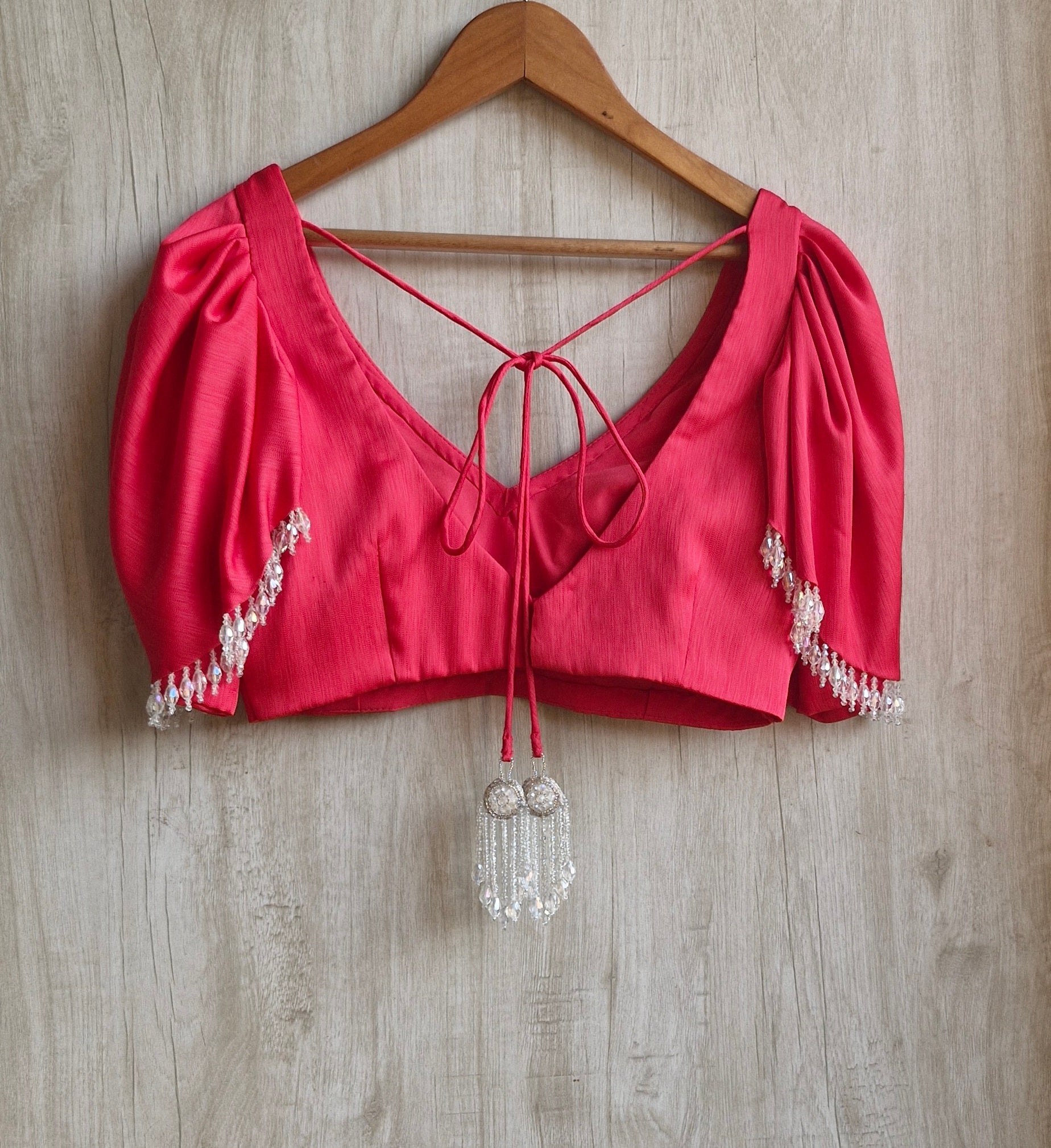 Pink Art Silk V Neck Ruffle Sleeves Blouse DVBL_468