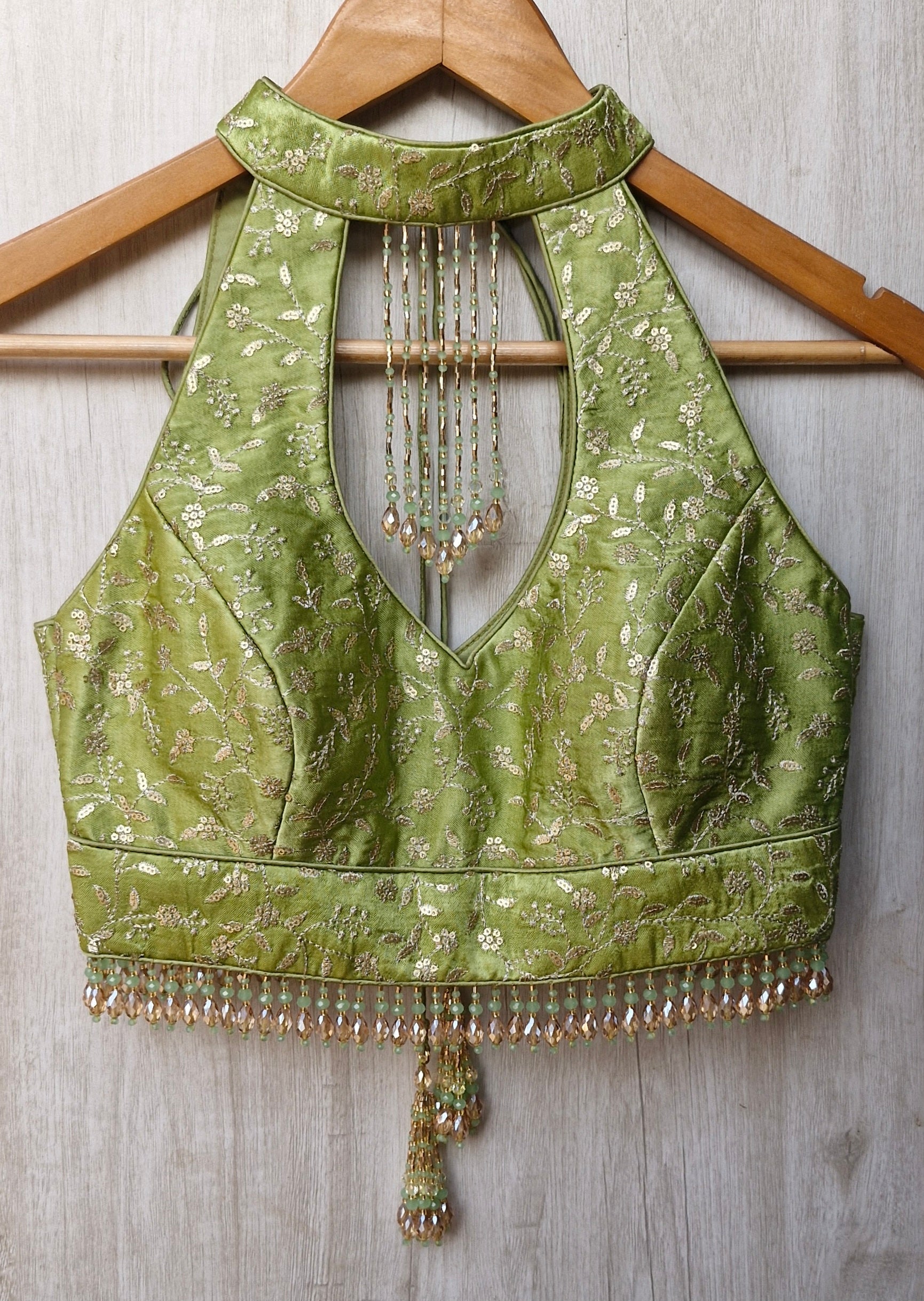 Green Embroidered Silk Halter Neck Blouse DVBL_467