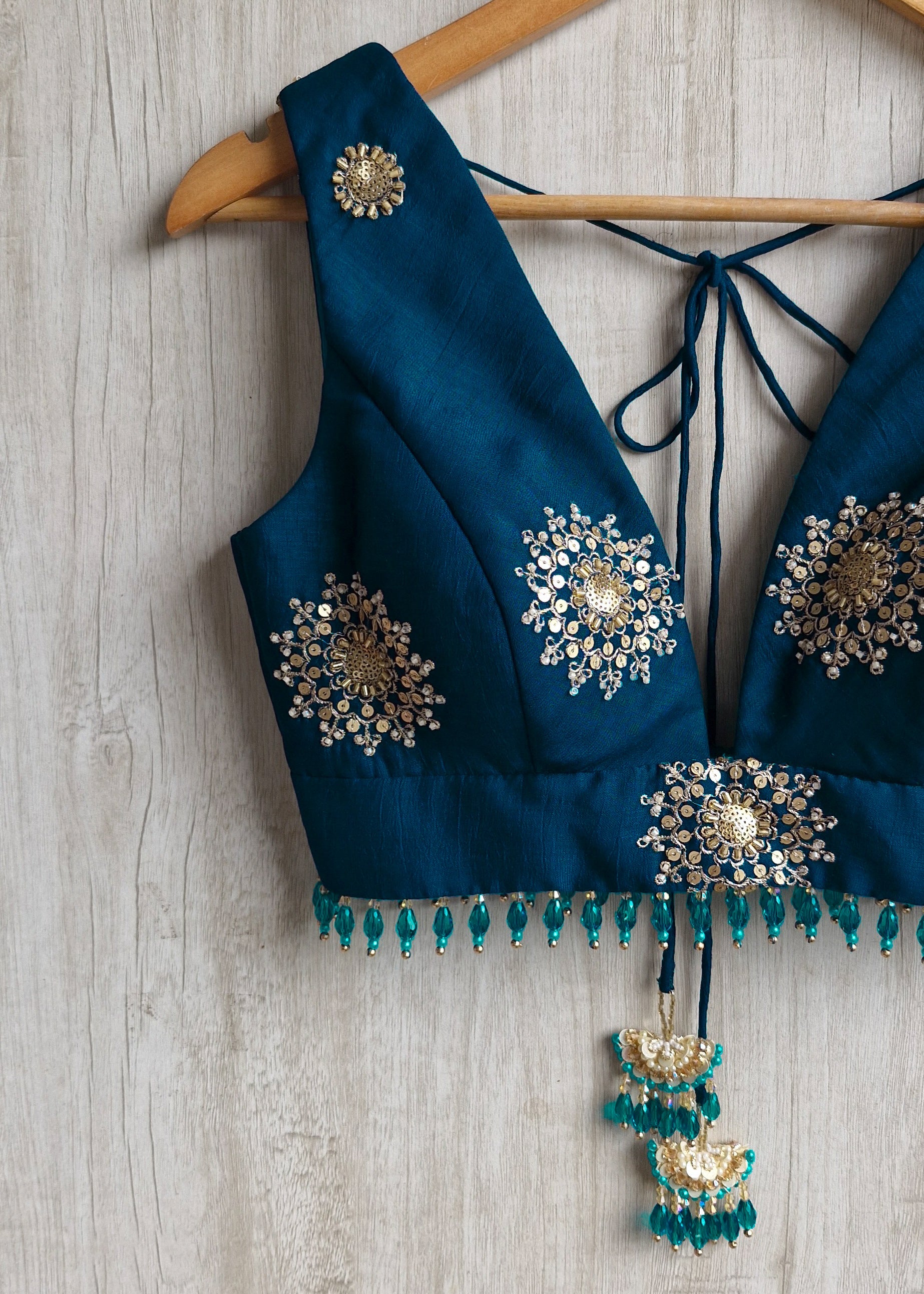 Teal Embroidered Plunge Neck Silk Saree Blouse DVBL_526