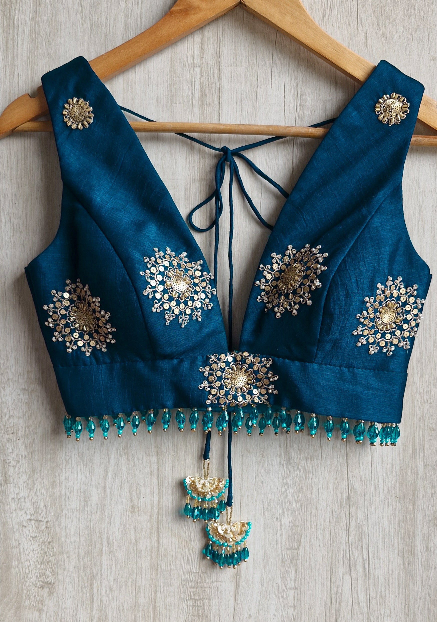 Teal Embroidered Plunge Neck Silk Saree Blouse DVBL_526