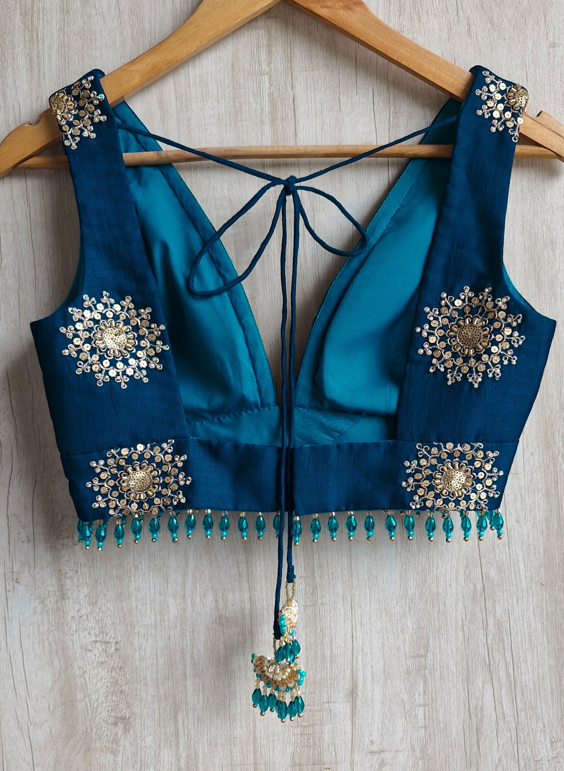 Teal Embroidered Plunge Neck Silk Saree Blouse DVBL_526