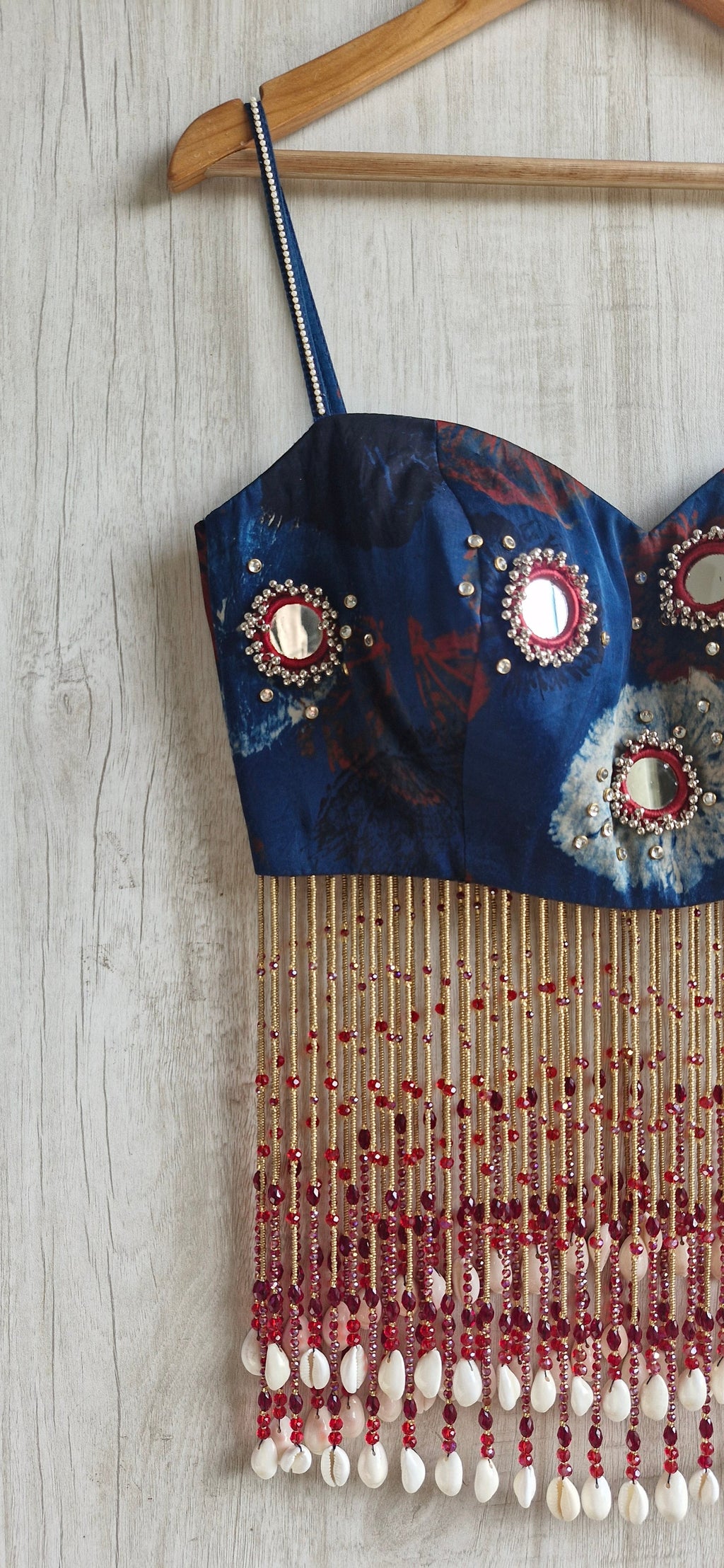 Shibori Print Mirror Work Modal Silk Spaghetti Blouse, Handmade Beads Tassels, Dandiya DVBL_528