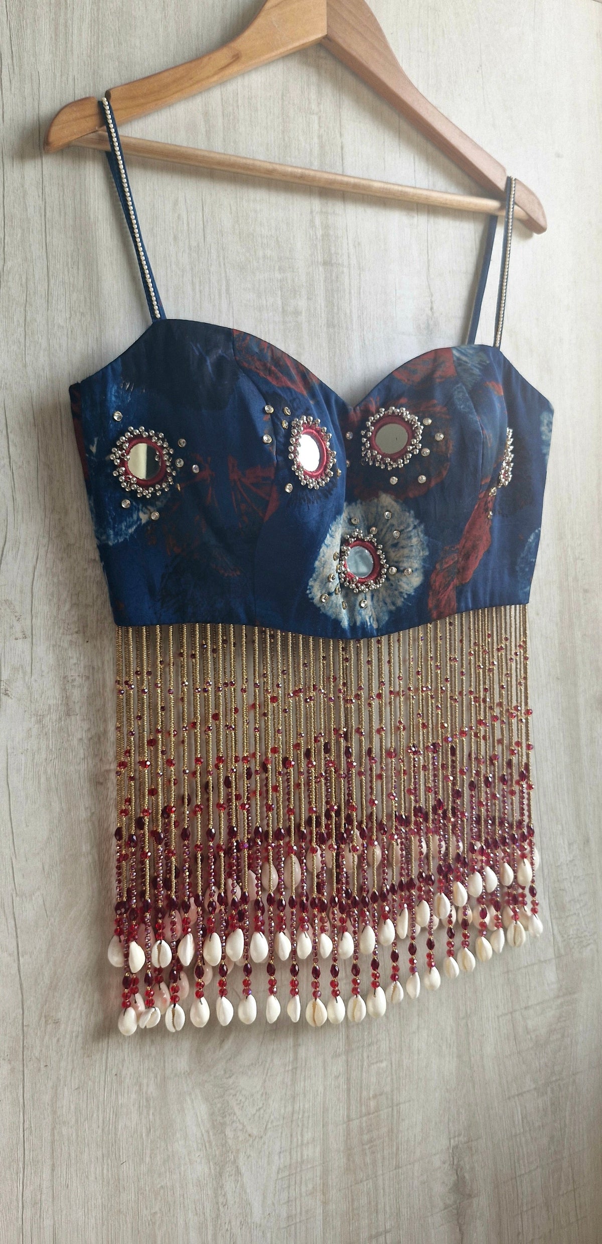 Shibori Print Mirror Work Modal Silk Spaghetti Blouse, Handmade Beads Tassels, Dandiya DVBL_528