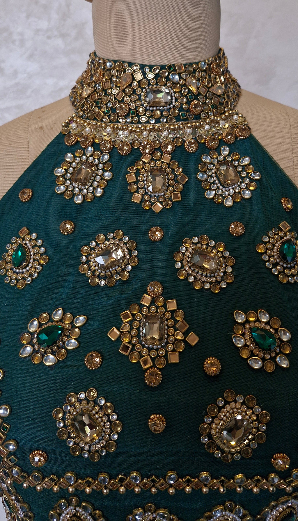Green Hand Embroidered Bejeweled Blouse, Kundan Embellished, Halter Neck DVBL_531