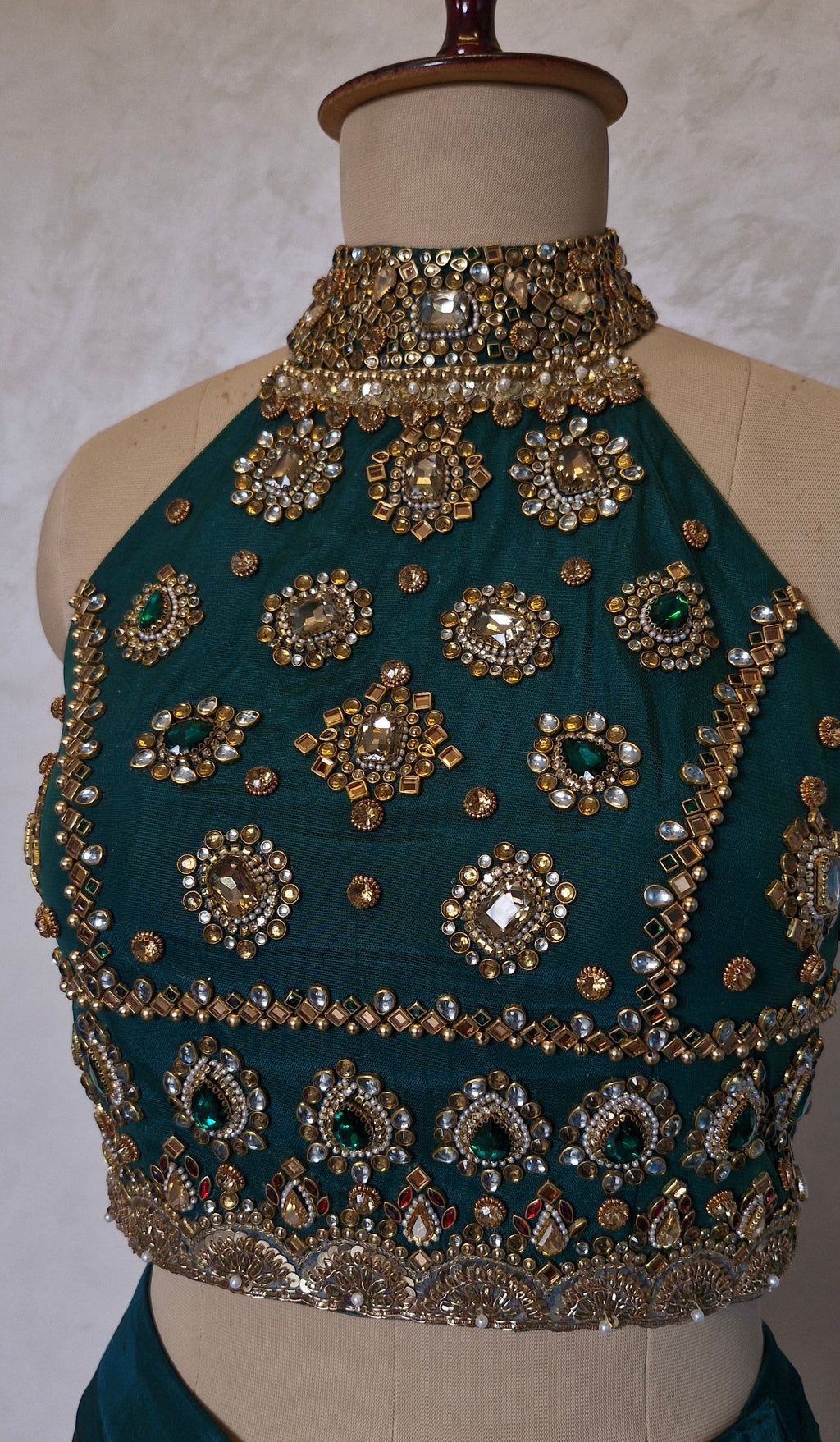 Green Hand Embroidered Bejeweled Blouse, Kundan Embellished, Halter Neck DVBL_531