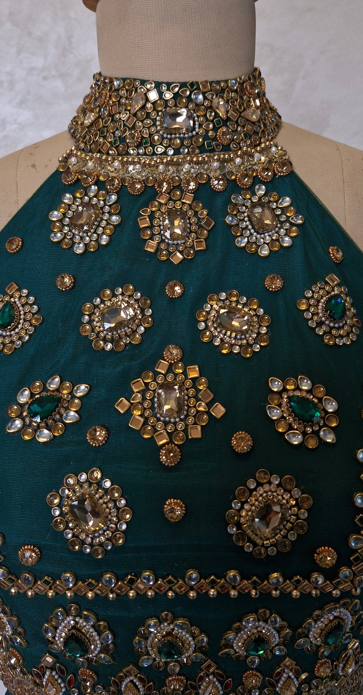 Green Hand Embroidered Bejeweled Blouse, Kundan Embellished, Halter Neck DVBL_531