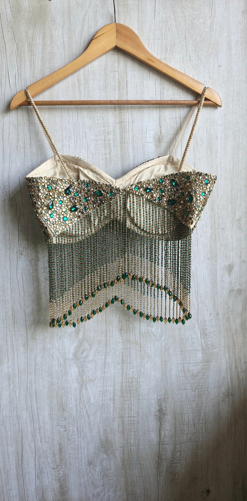 Hand Embroidered Champagne Gold Spaghetti Blouse, Beads & Kundan Embellishment, Bejeweled Bralette DVBL_534