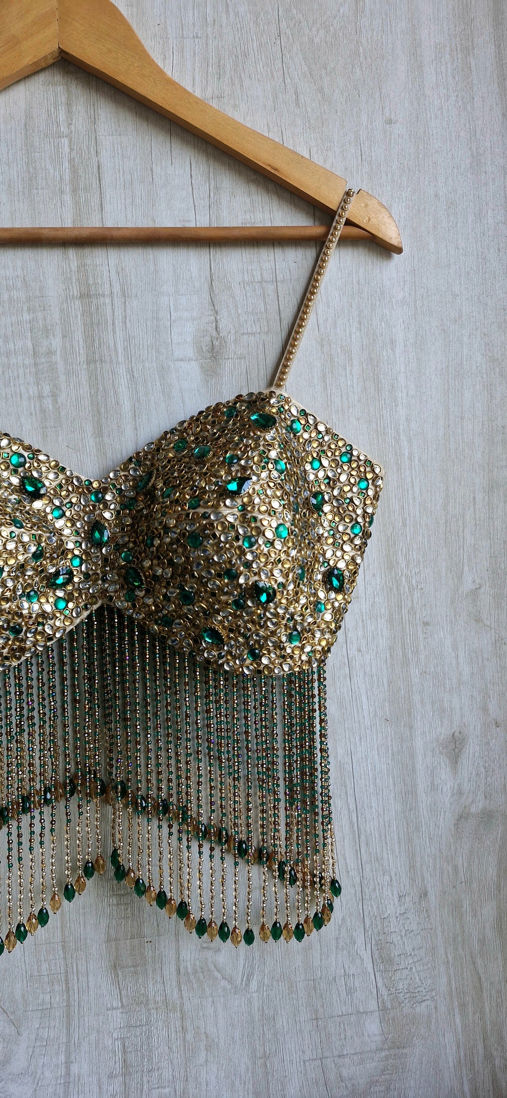 Hand Embroidered Champagne Gold Spaghetti Blouse, Beads & Kundan Embellishment, Bejeweled Bralette DVBL_534