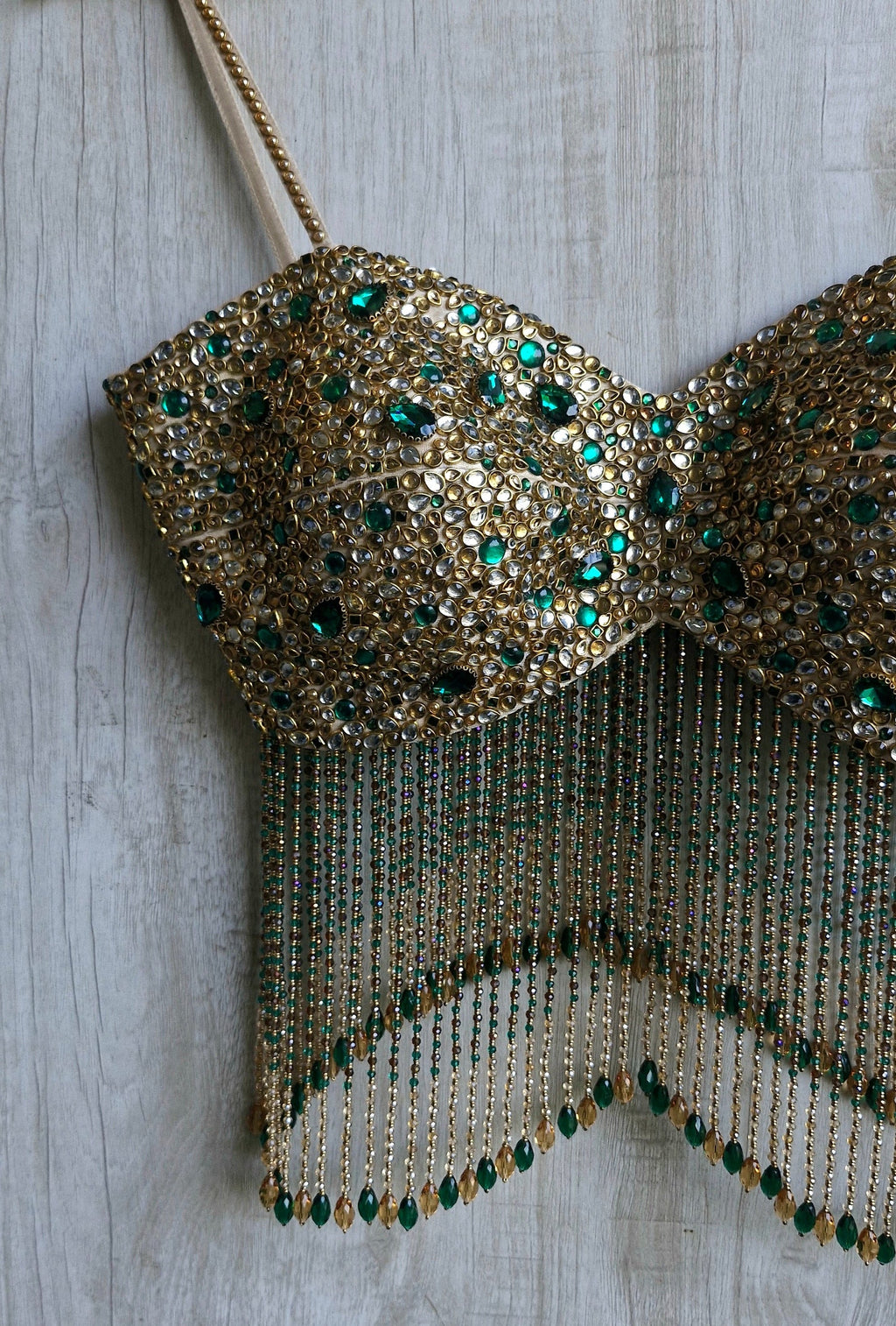 Hand Embroidered Champagne Gold Spaghetti Blouse, Beads & Kundan Embellishment, Bejeweled Bralette DVBL_534