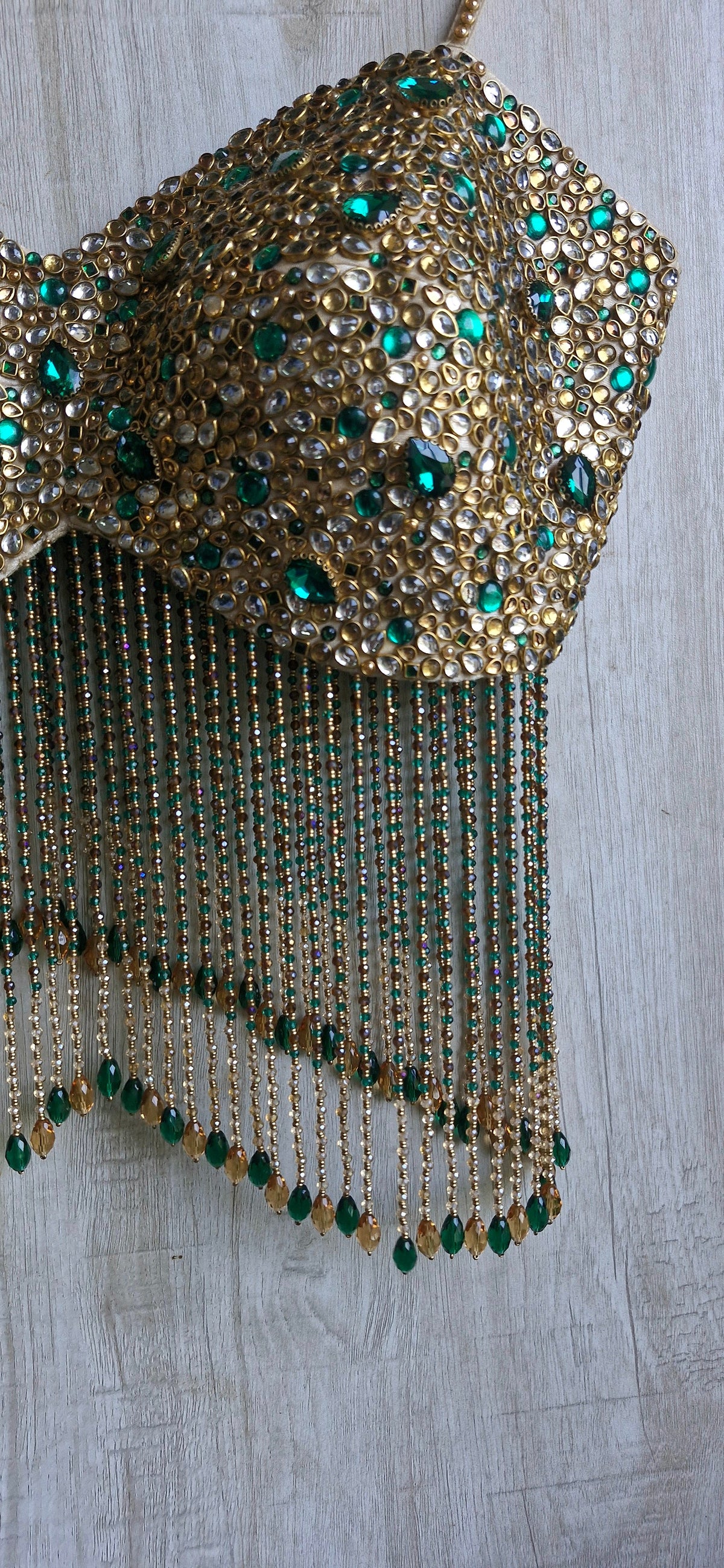 Hand Embroidered Champagne Gold Spaghetti Blouse, Beads & Kundan Embellishment, Bejeweled Bralette DVBL_534