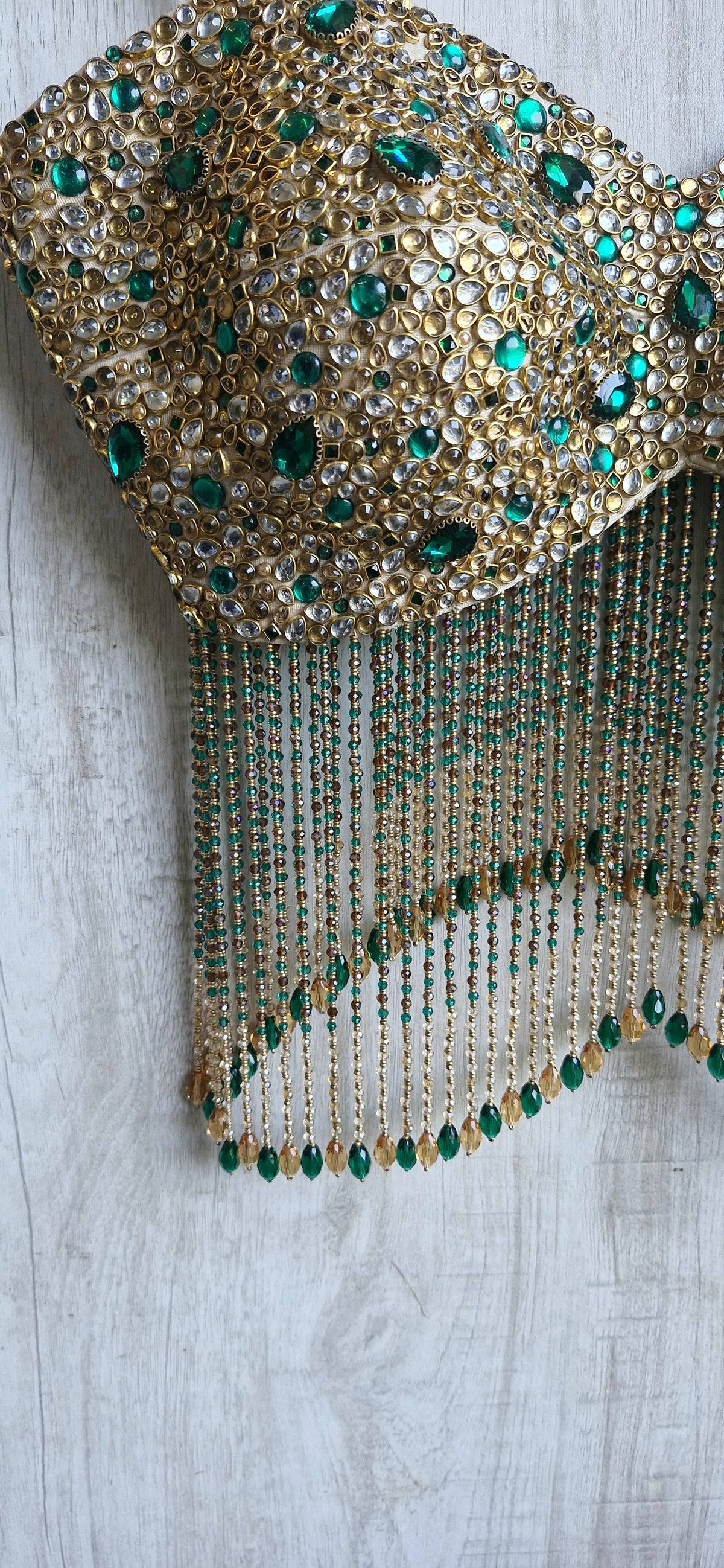 Hand Embroidered Champagne Gold Spaghetti Blouse, Beads & Kundan Embellishment, Bejeweled Bralette DVBL_534