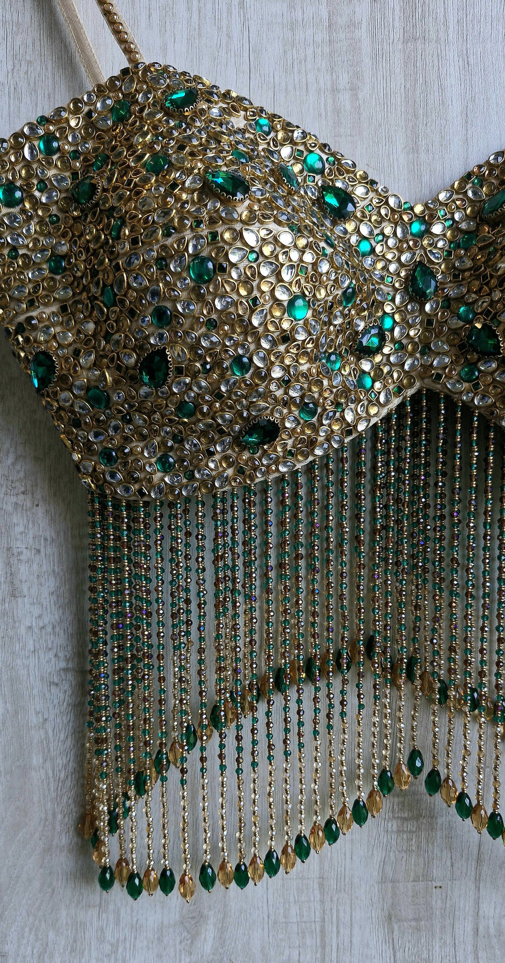 Hand Embroidered Champagne Gold Spaghetti Blouse, Beads & Kundan Embellishment, Bejeweled Bralette DVBL_534