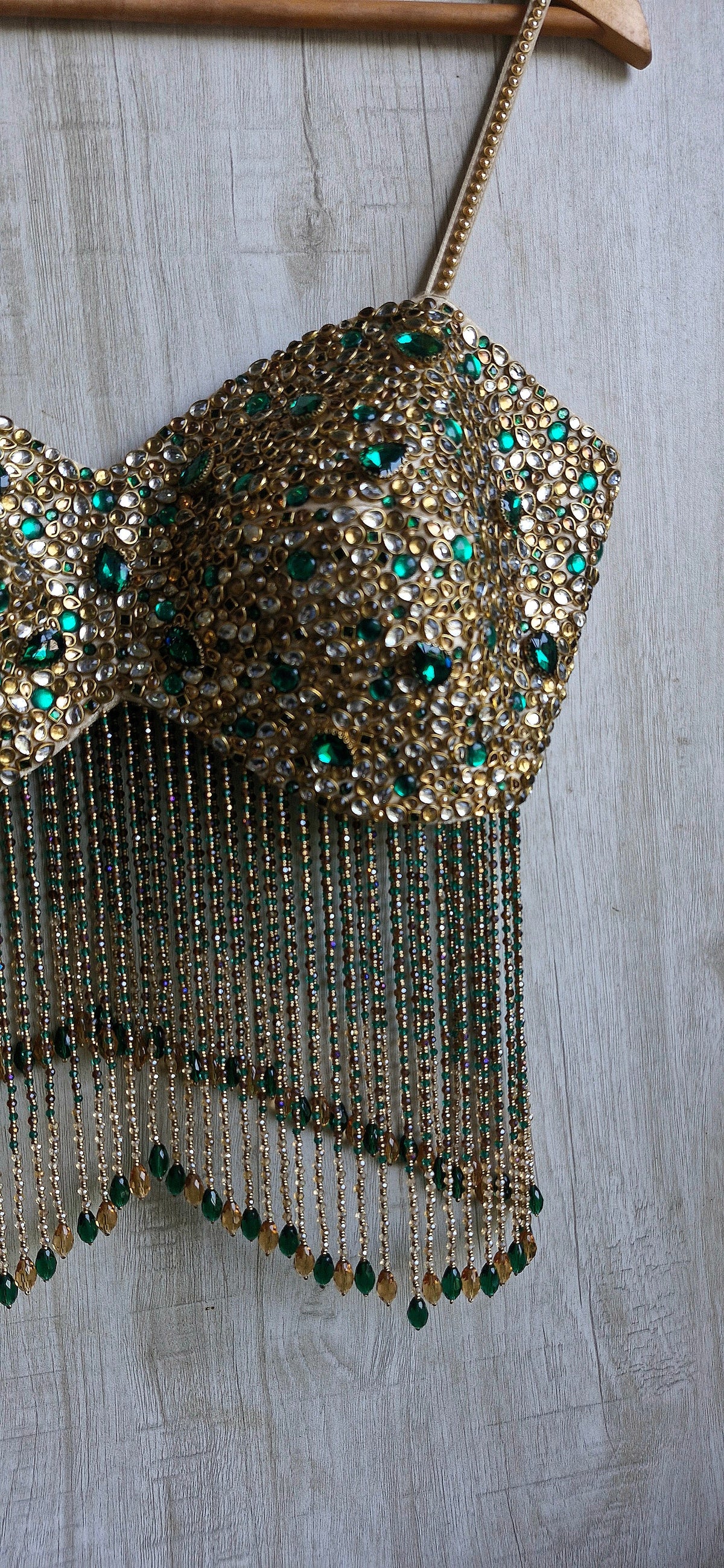 Hand Embroidered Champagne Gold Spaghetti Blouse, Beads & Kundan Embellishment, Bejeweled Bralette DVBL_534