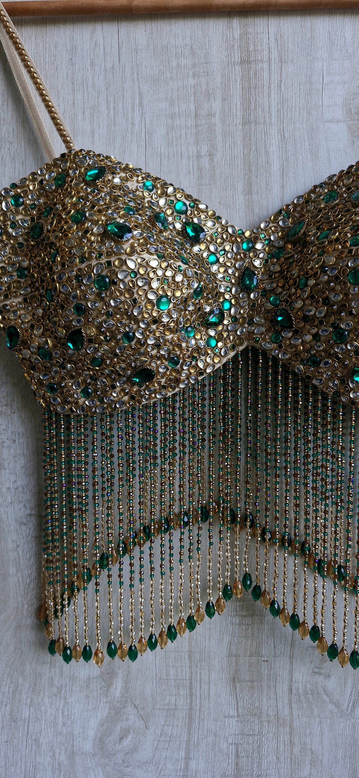 Hand Embroidered Champagne Gold Spaghetti Blouse, Beads & Kundan Embellishment, Bejeweled Bralette DVBL_534