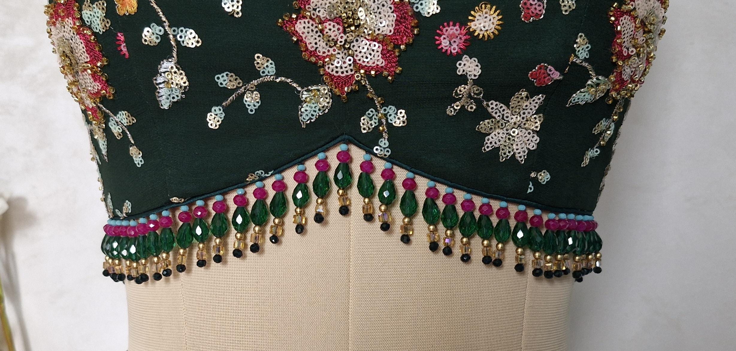 Bottle Green Embroidered Sweetheart Neck Blouse DVBL_441