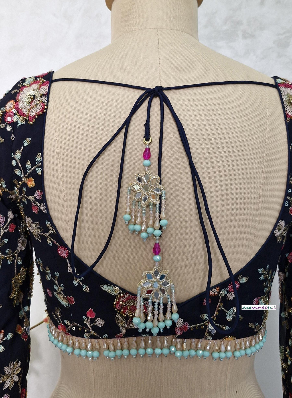 Deep Blue Embroidered Semi Sweetheart Neck Blouse DVBL_401