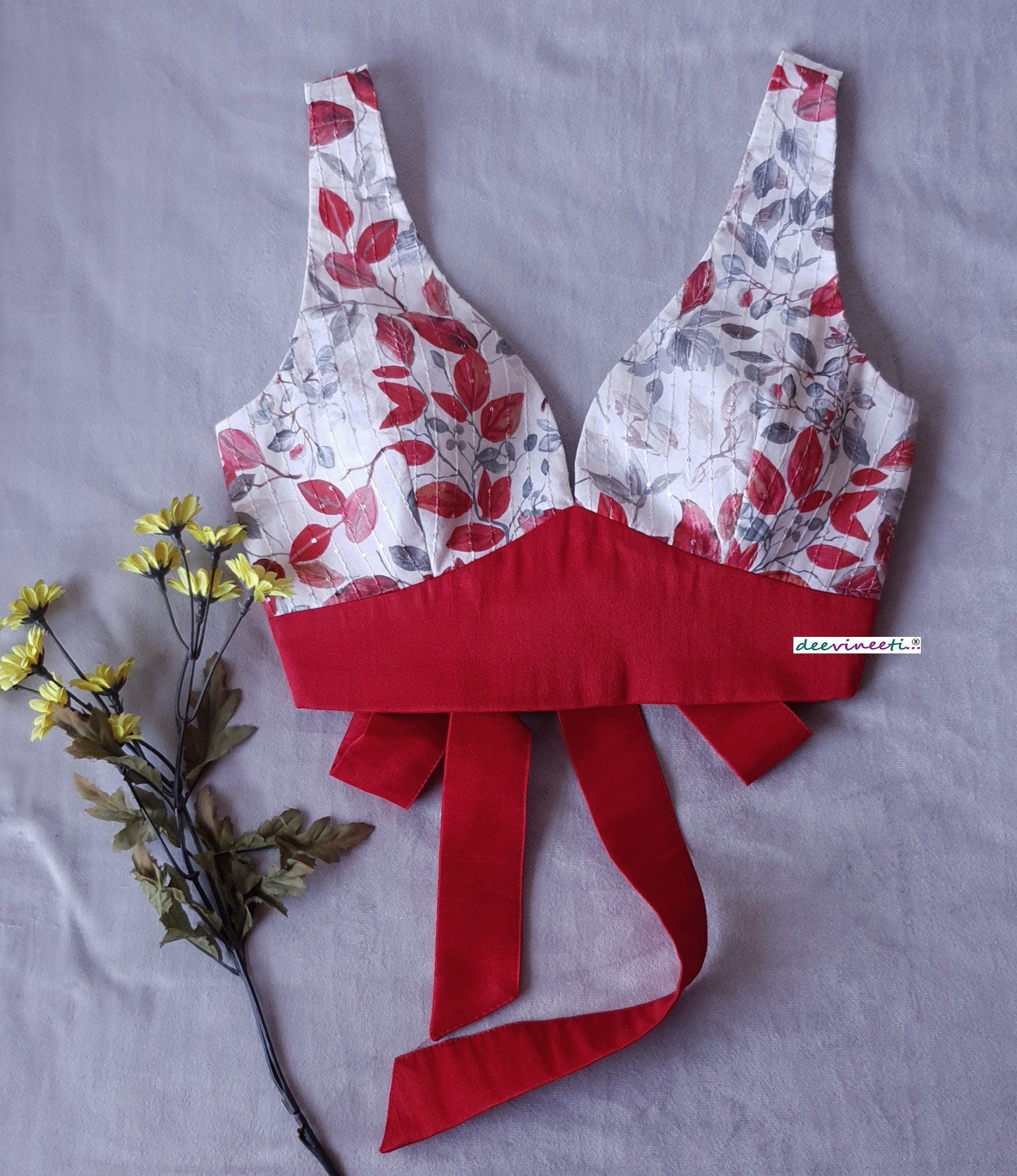 Floral Print Off White and Red Tie Blouse DVBL_180