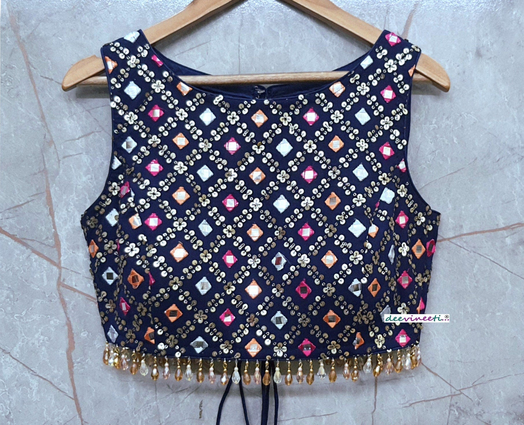 Embroidered Dark Blue Boat Neck Blouse DVBL_203