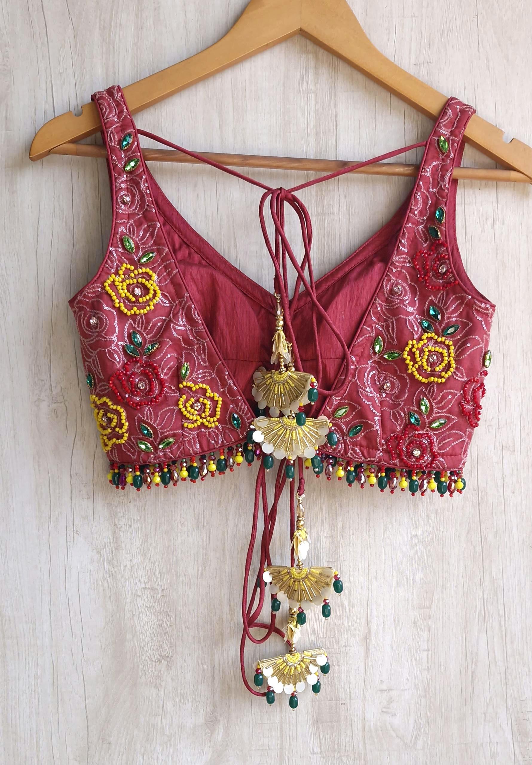 Dusty Rose Pink Beads Embroidered Organza Blouse DVBL_458