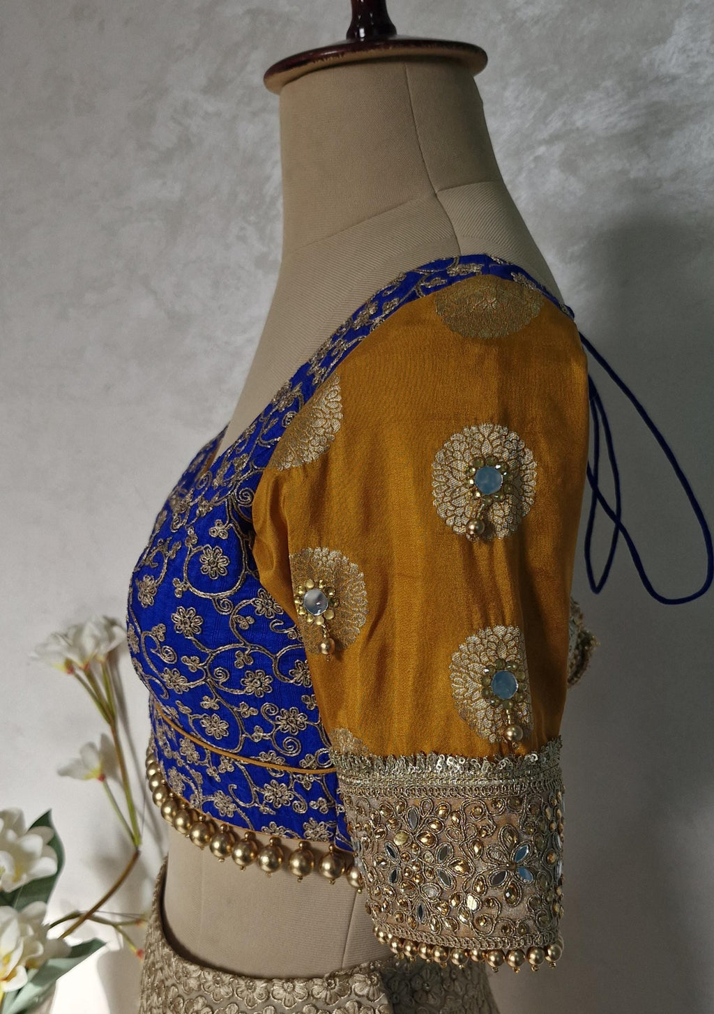 Embroidered Royal Blue and Mustard Blouse Sweetheart Neck DVBL_447