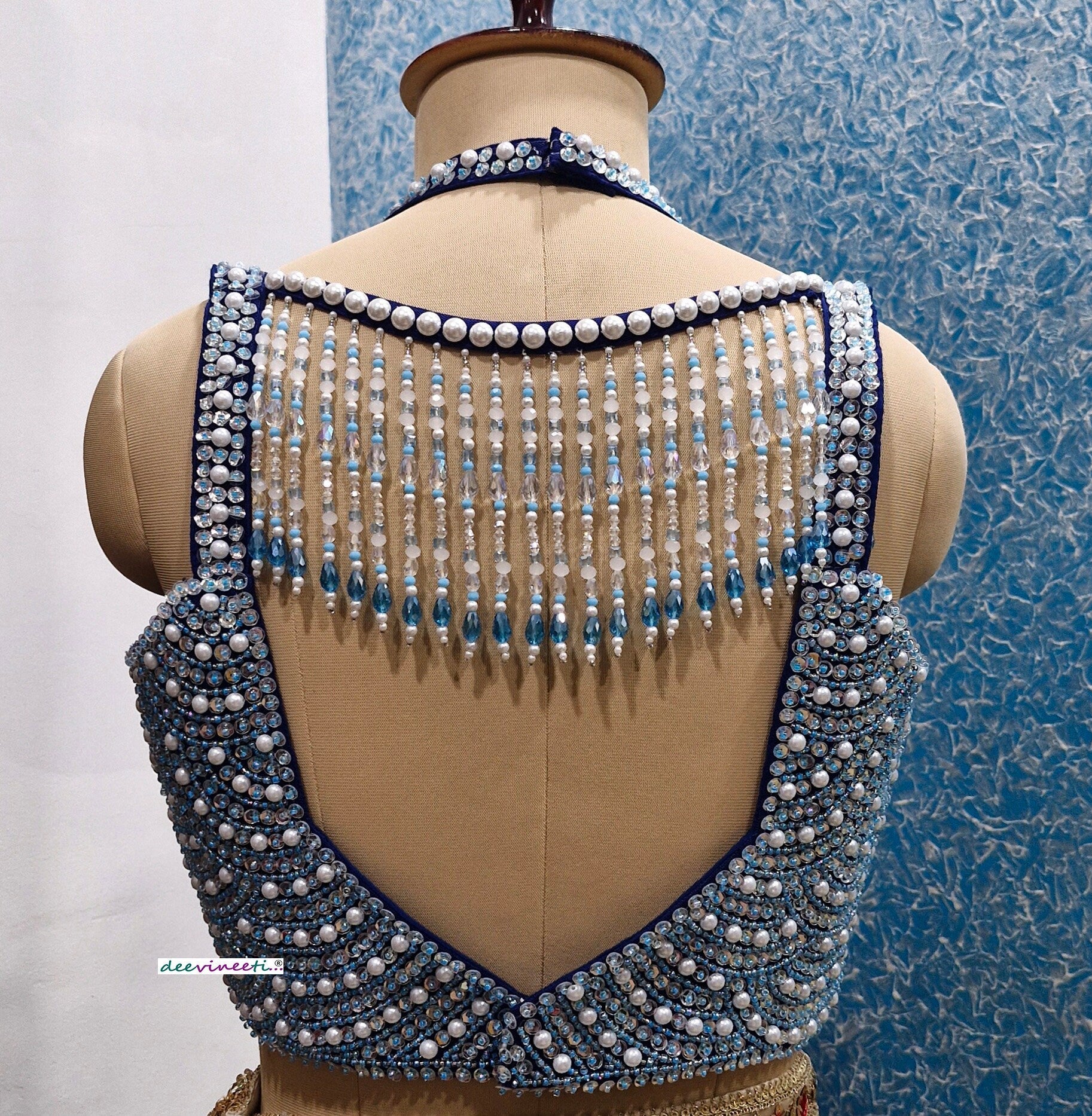 Beads and Sequins Hand Embroidered Blue Bustier Blouse DVBL_354