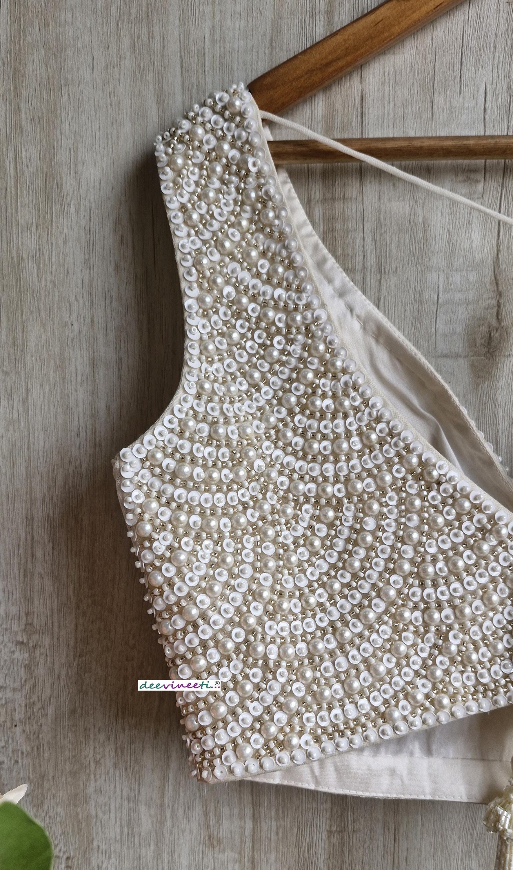Beads and Sequins Hand Embroidered Ivory V Neck DVBL_385