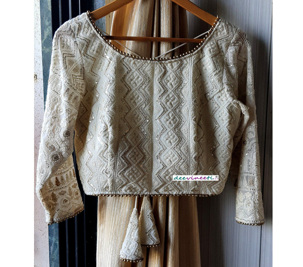 Ivory Chikankari Lucknowi Boat Neck Blouse DVBL_058