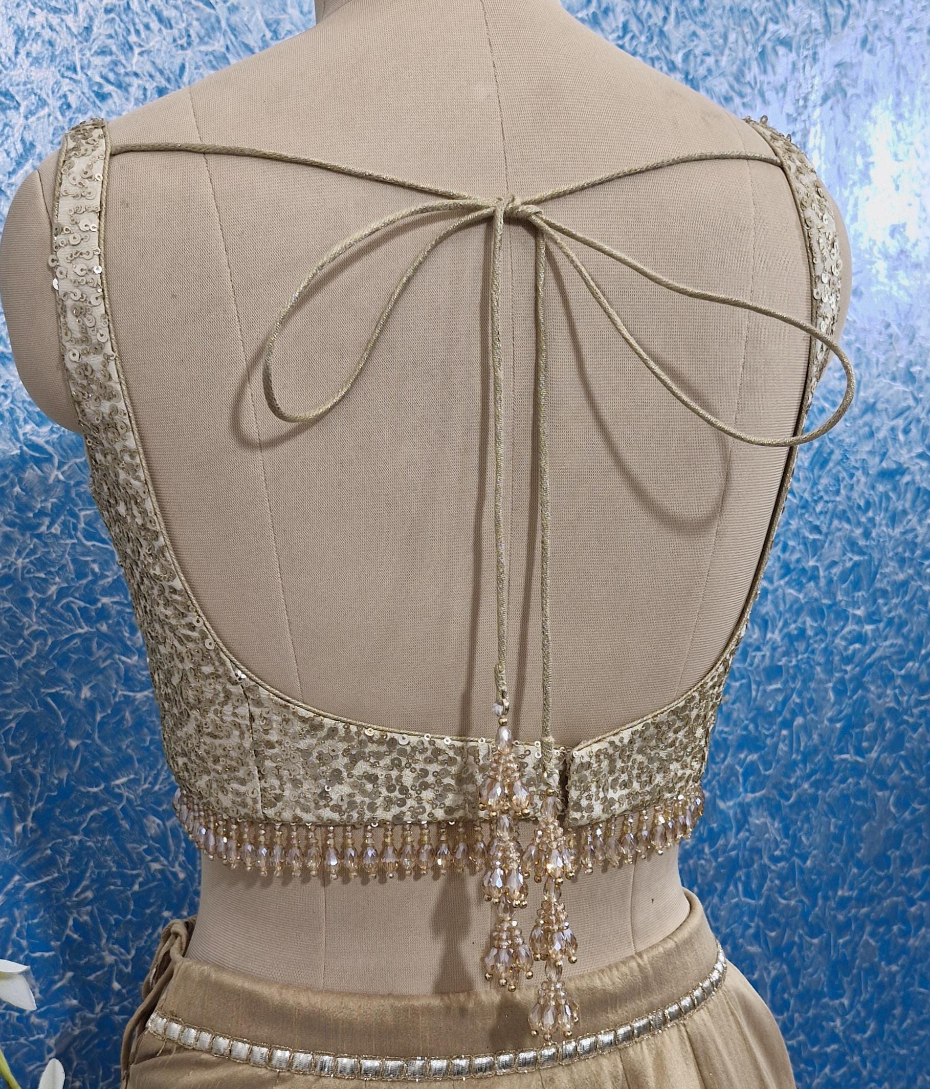 Light Gold Sequins Tissue Silk Sweetheart Neck Blouse DVBL_435