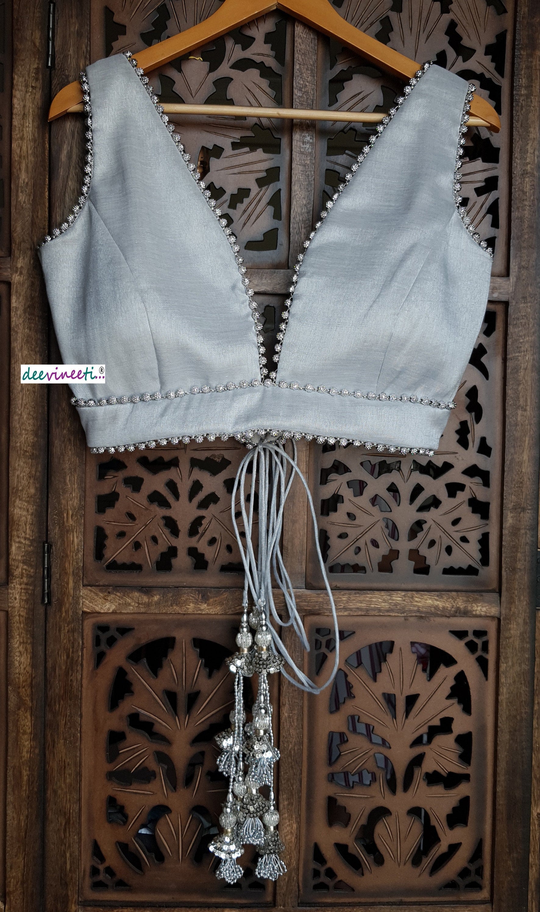 Silver Embellished Tissue Silk Plunge Neckline Blouse DVBL_115