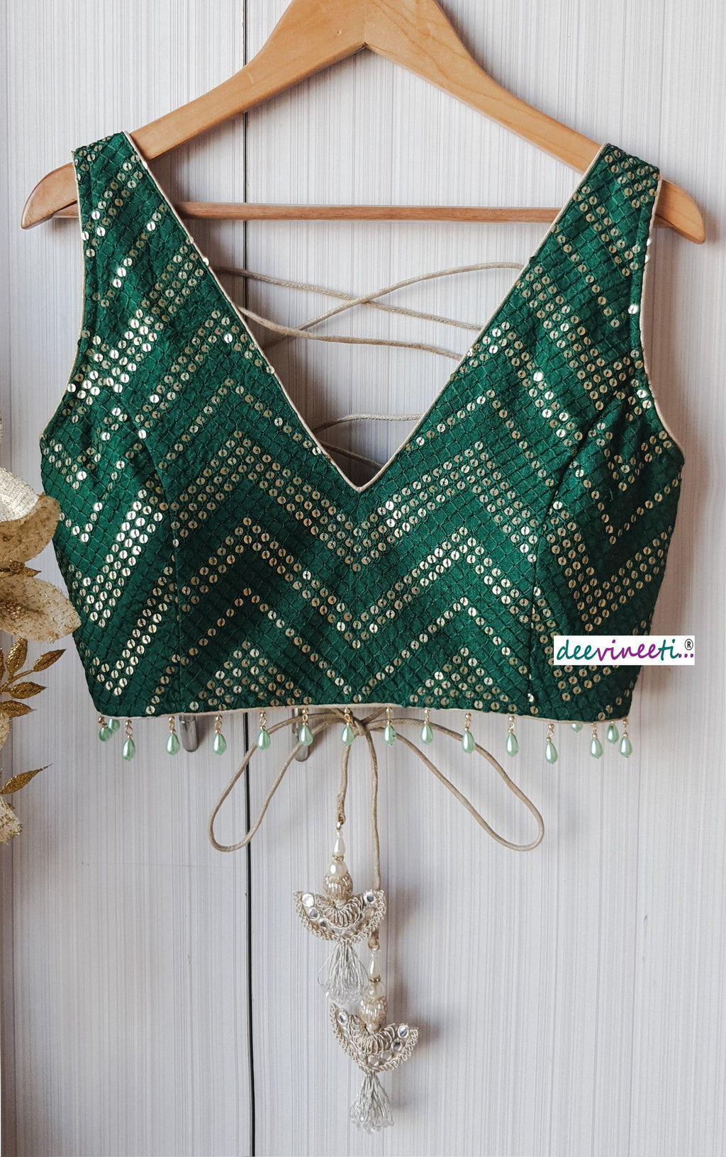 Green Sequins Chevron Embroidered Silk Blouse DVBL_152