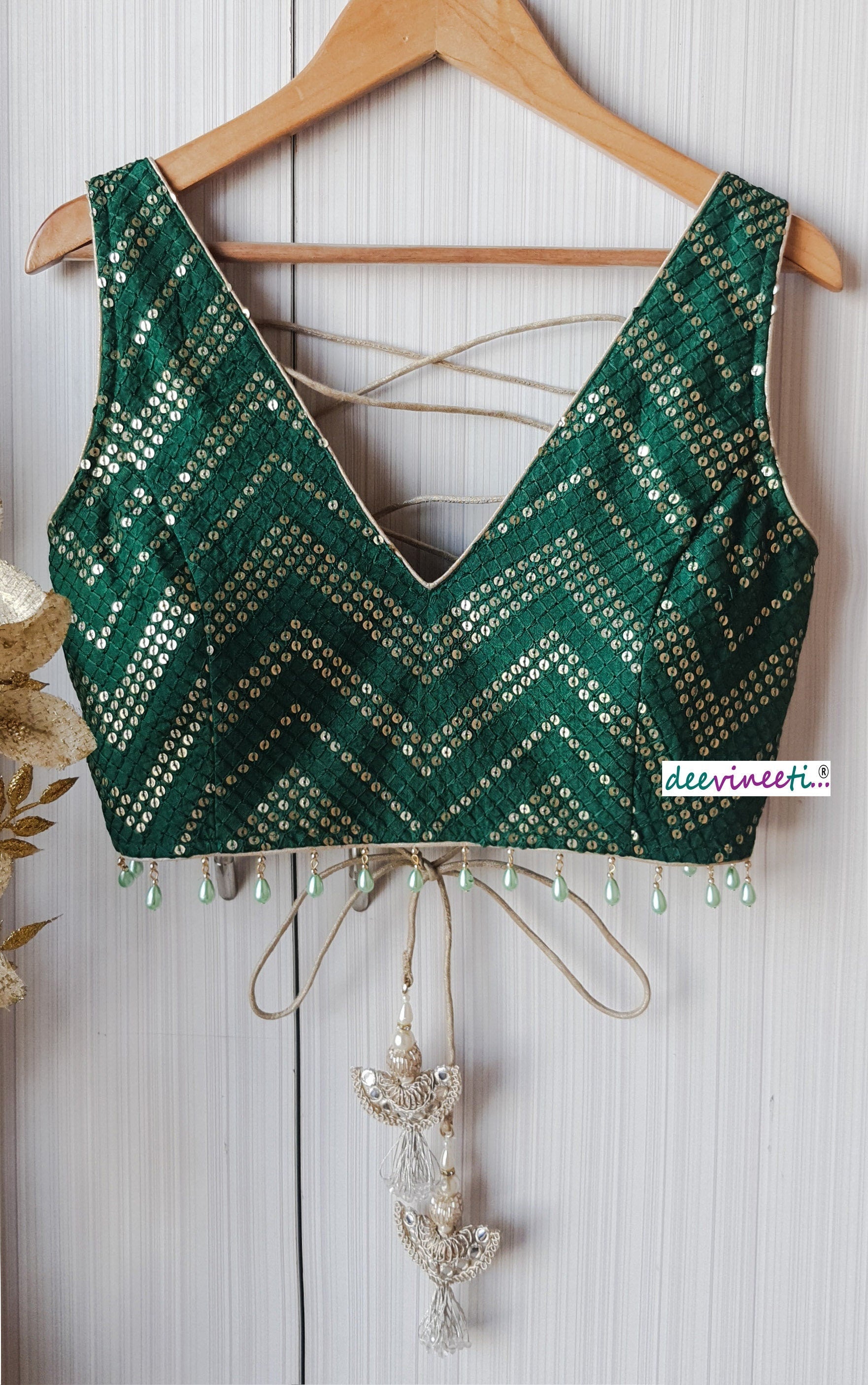 Green Sequins Chevron Embroidered Silk Blouse DVBL_152