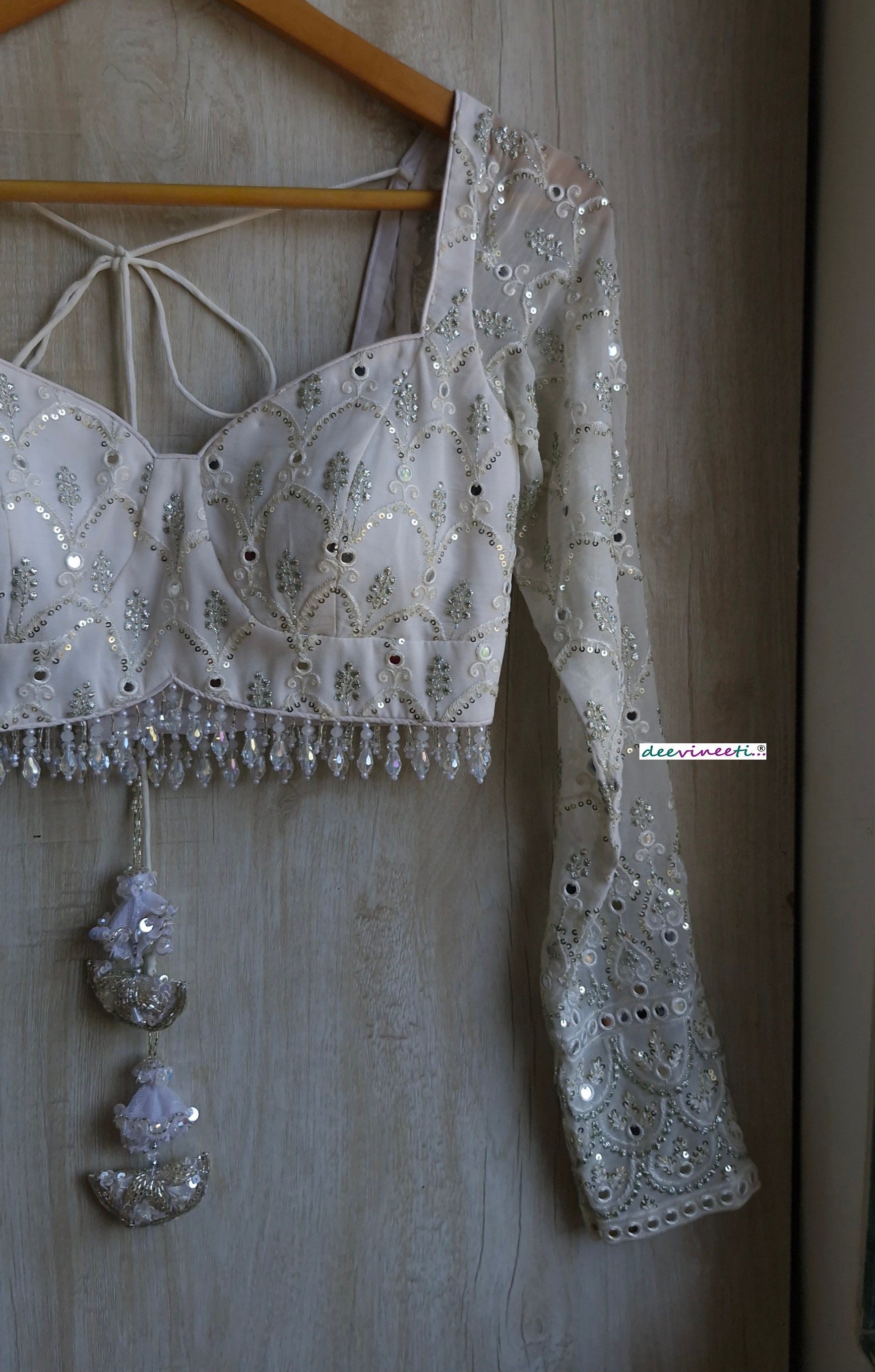 White and Silver Embroidered Long Sleeves Blouse DVBL_349