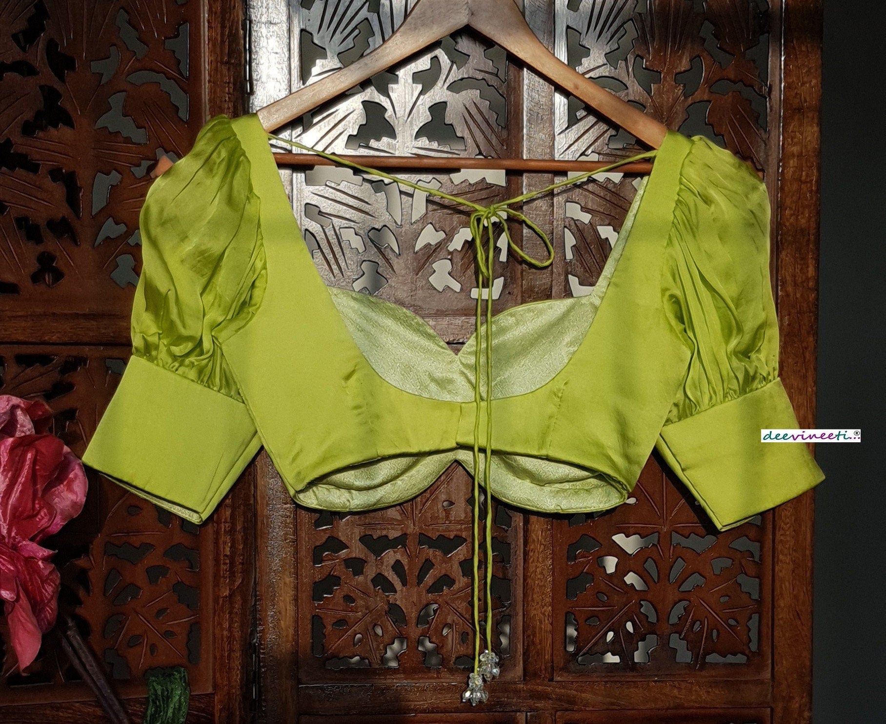 Lime Green Satin Organza Puff Sleeves Blouse DVBL_266