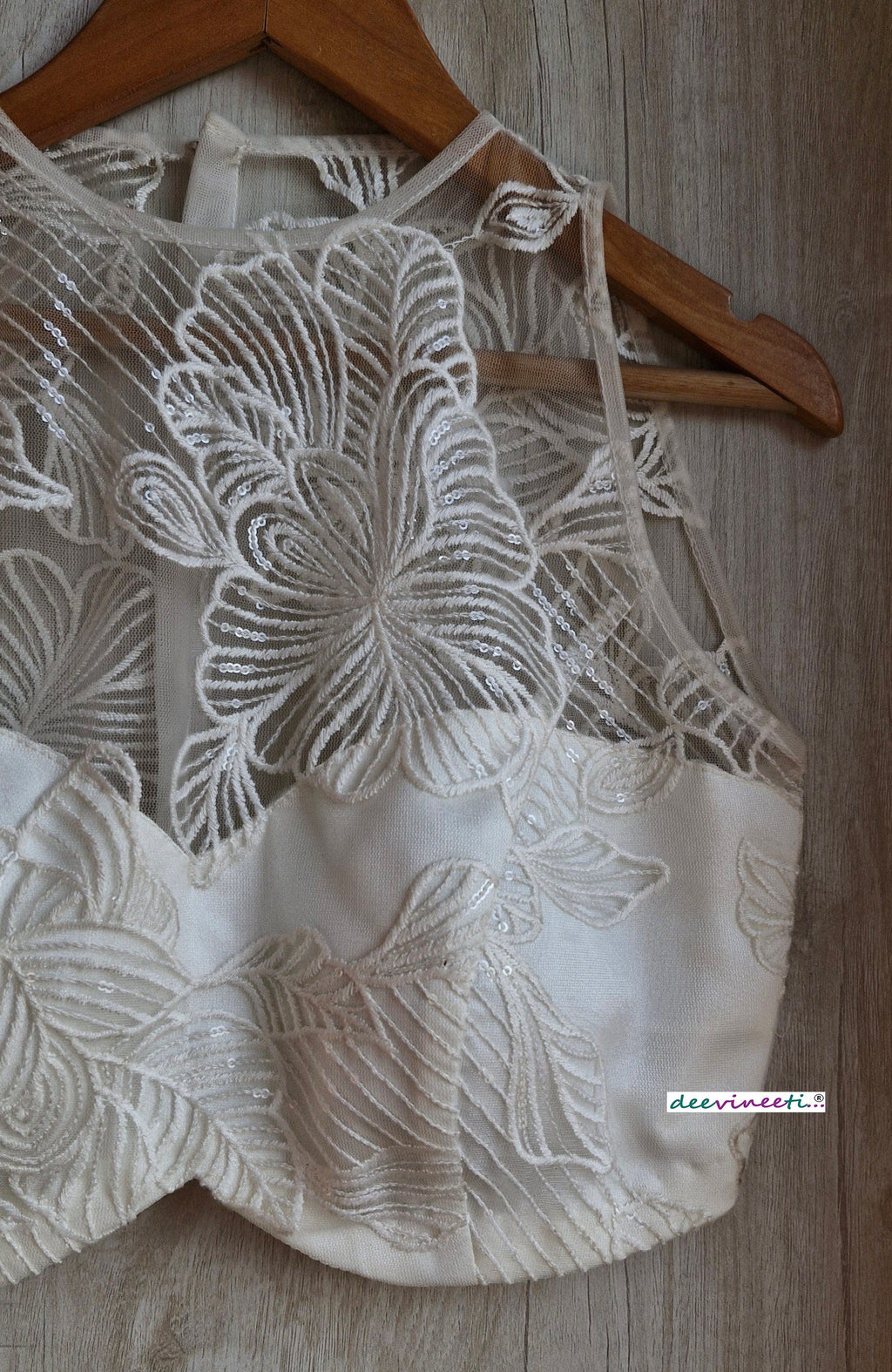 Off-White Embroidered Net Jewel Neck Blouse DVBL_347