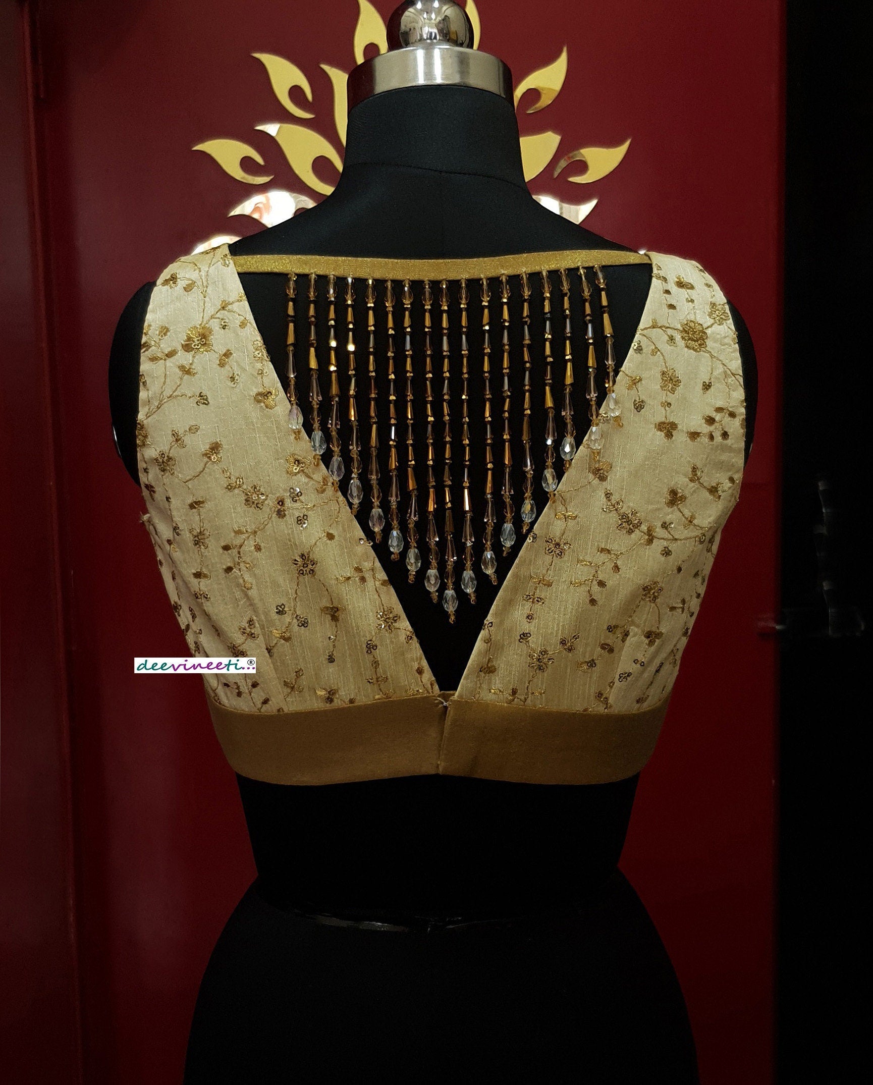 Cream Gold Embroidered Deep V Neck Blouse DVBL_253
