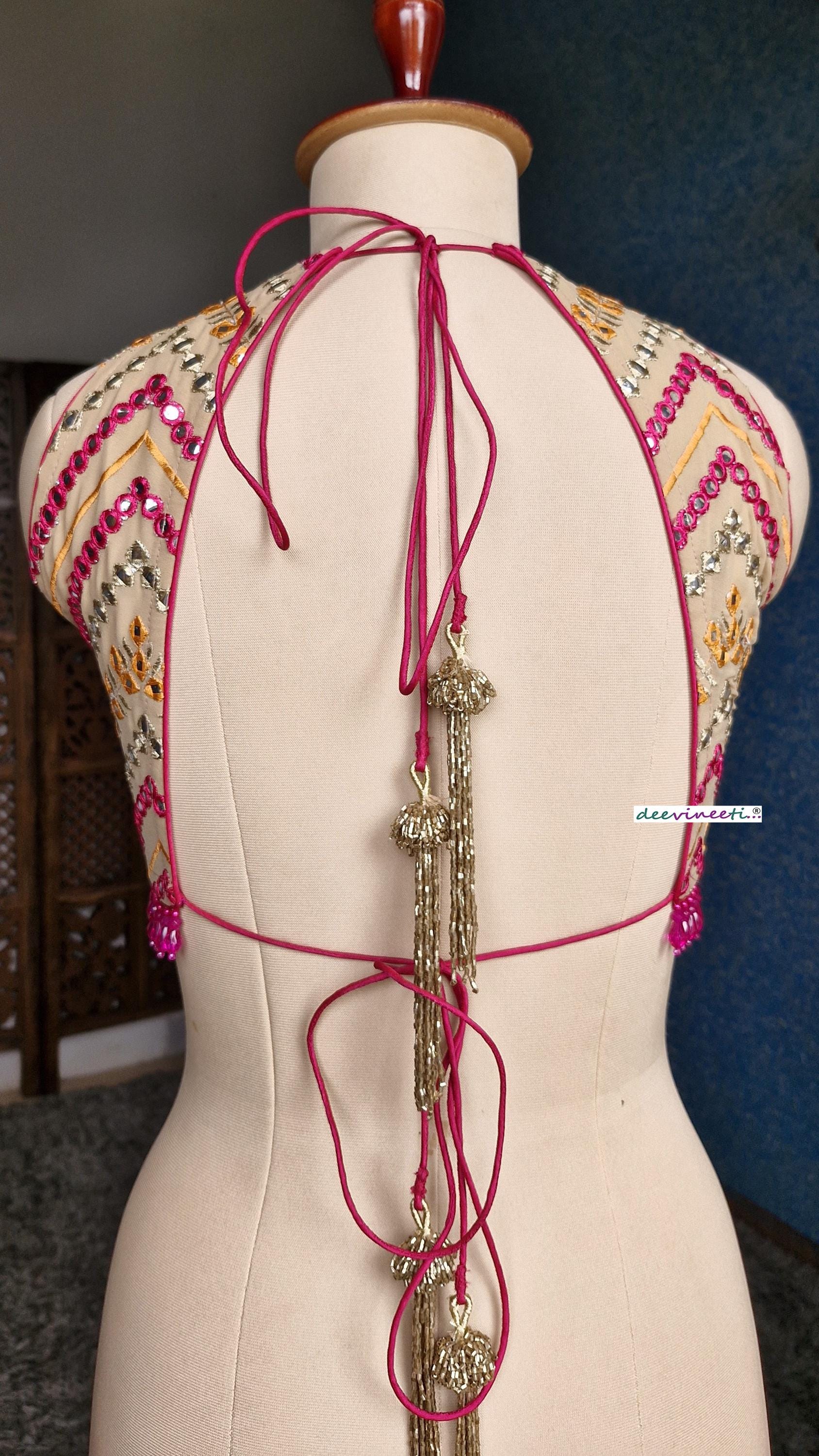 Beige Chevron Embroidered Halter Neck Blouse DVBL_367