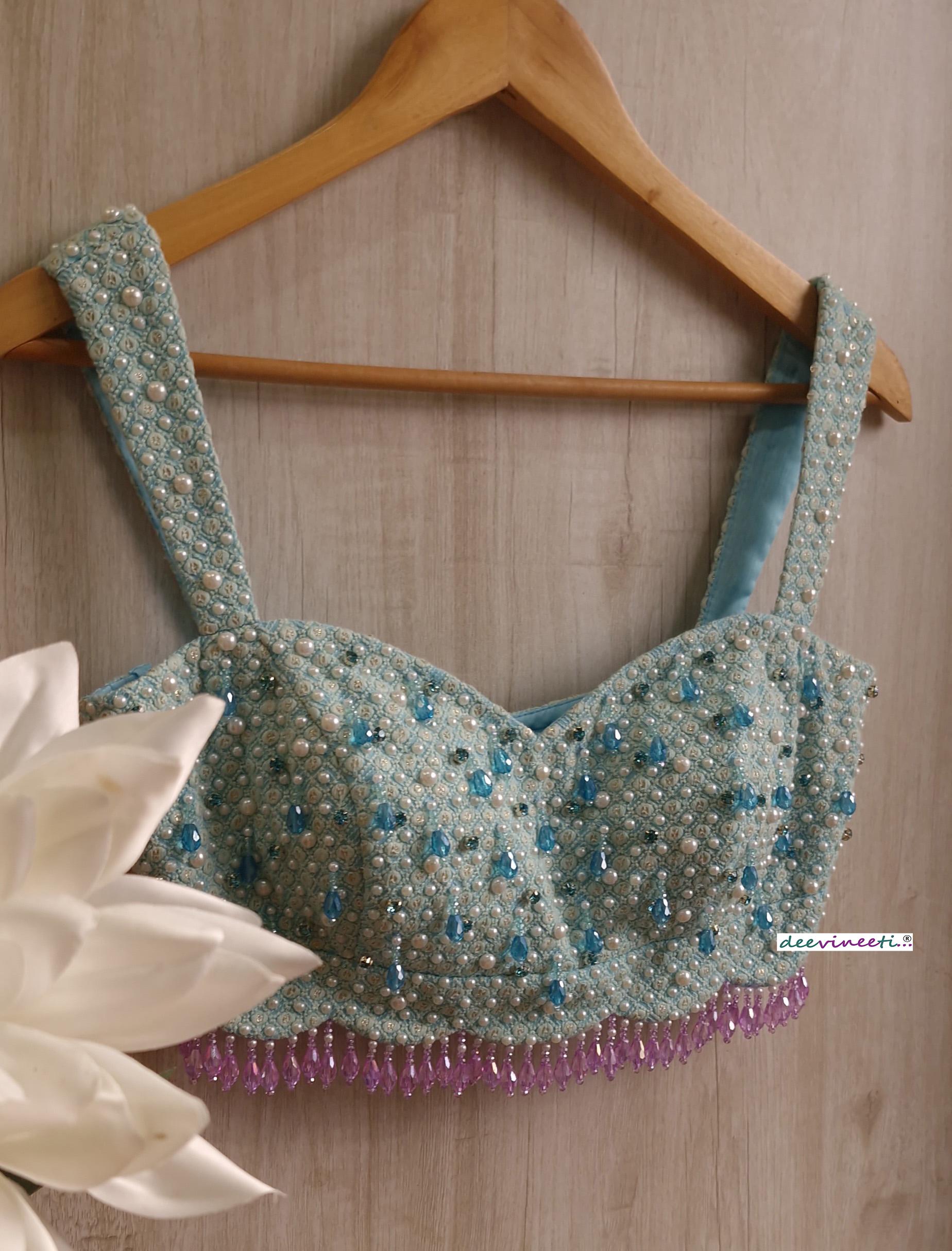 Blue Embroidered Sweetheart Neck Blouse DVBL_372