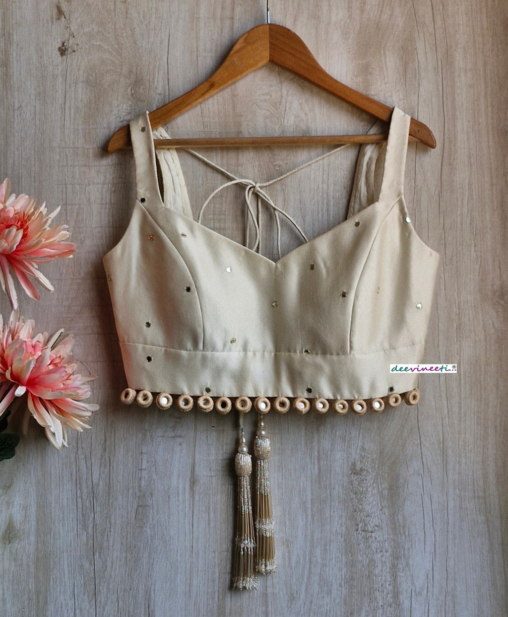 Cream Linen Tissue Silk Semi Sweetheart Neck Blouse DVBL_351