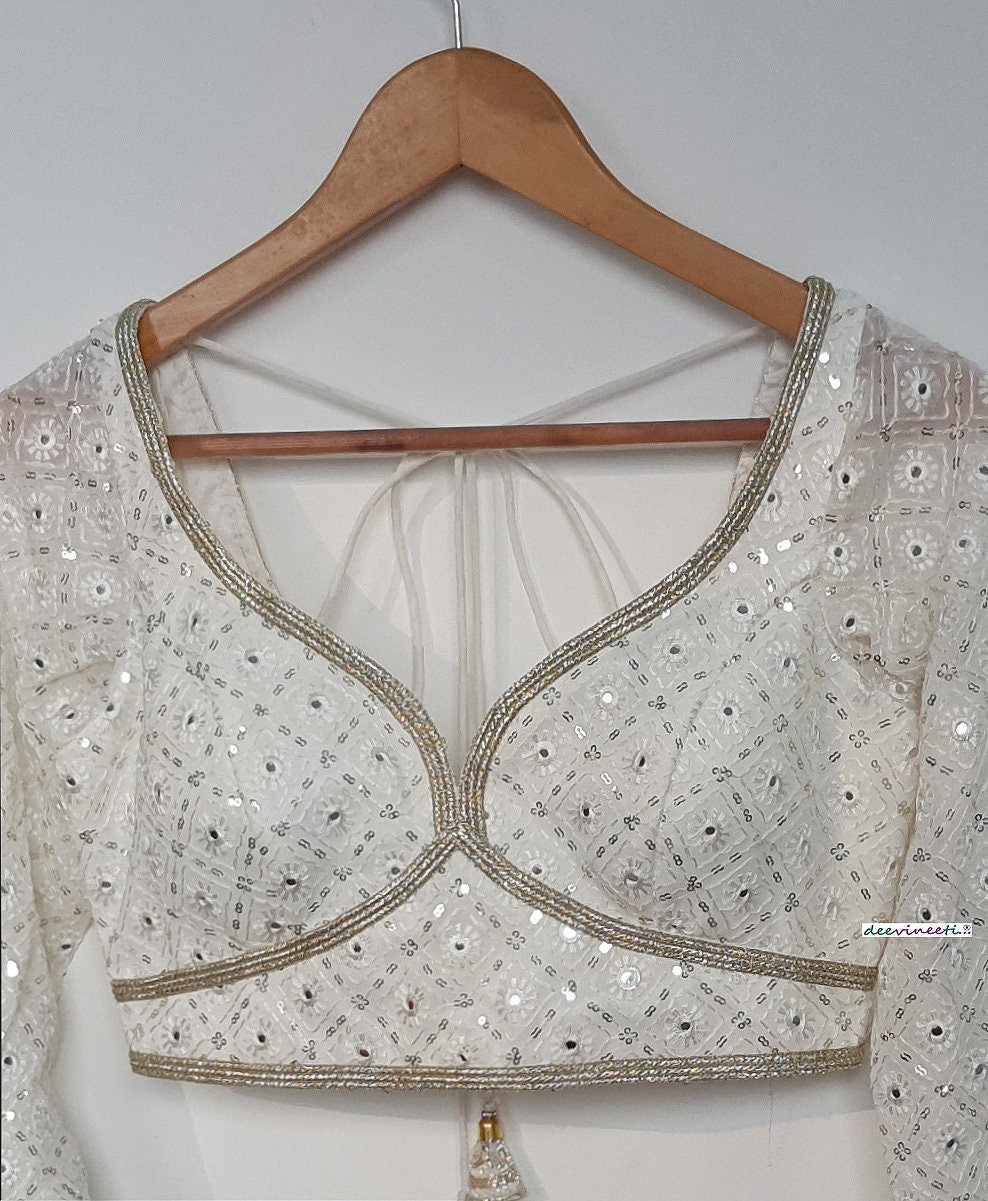 Off-White Chikankari Sweetheart Neck Long Sleeves Blouse DVBL_307