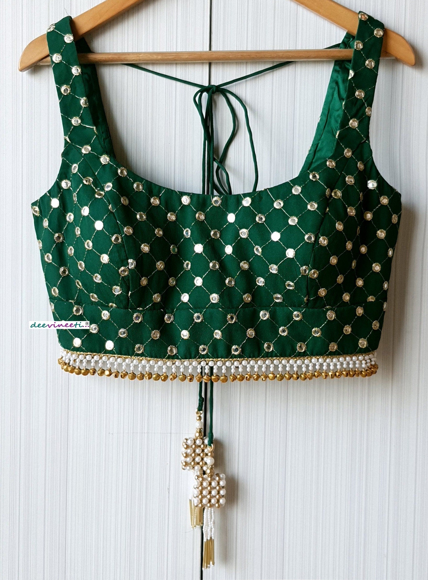 Faux Mirror Embroidered Green Square Neck Blouse DVBL_222