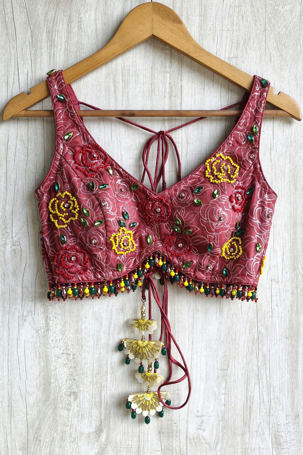 Dusty Rose Pink Beads Embroidered Organza Blouse DVBL_458