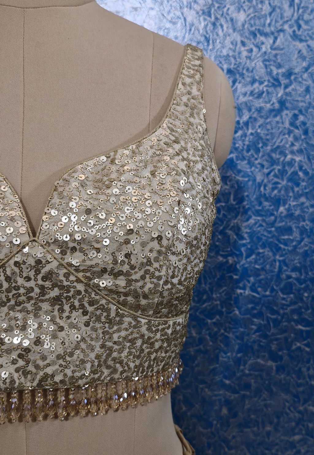 Light Gold Sequins Tissue Silk Sweetheart Neck Blouse DVBL_435