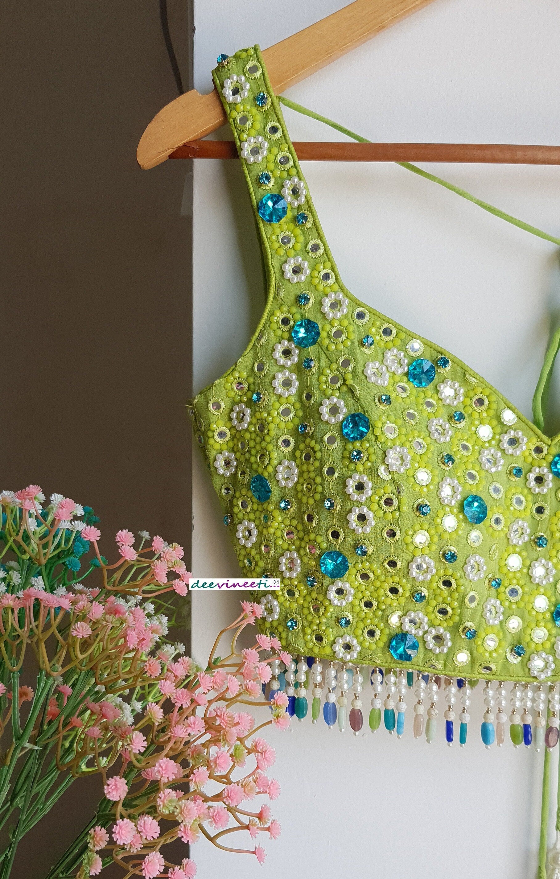Hand Embroidered Lime Green Deep Sweetheart Neck Blouse DVBL_287
