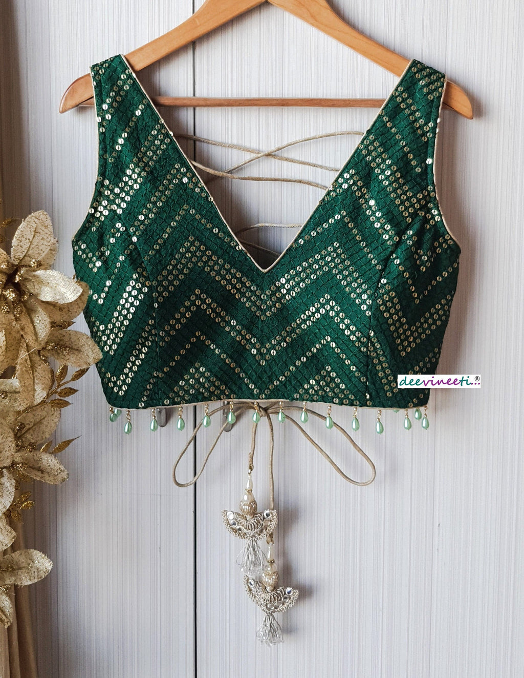 Green Sequins Chevron Embroidered Silk Blouse DVBL_152