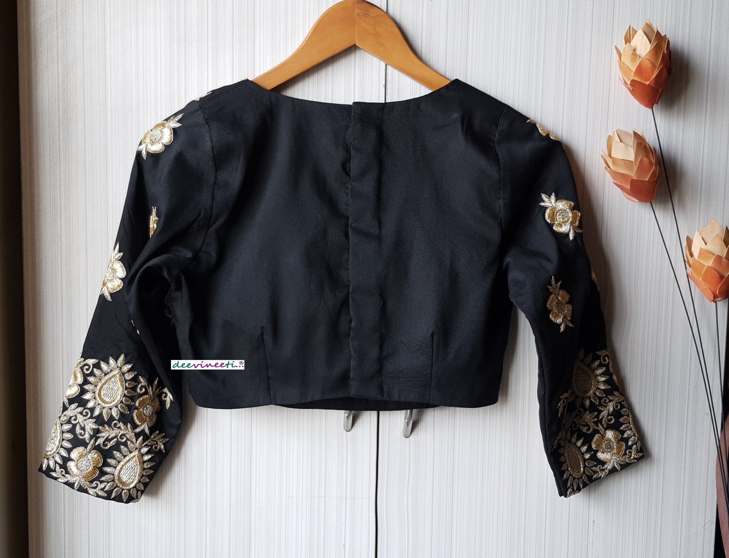 Black Silk Hand Embroidered 3/4th Sleeves Blouse DVBL_236