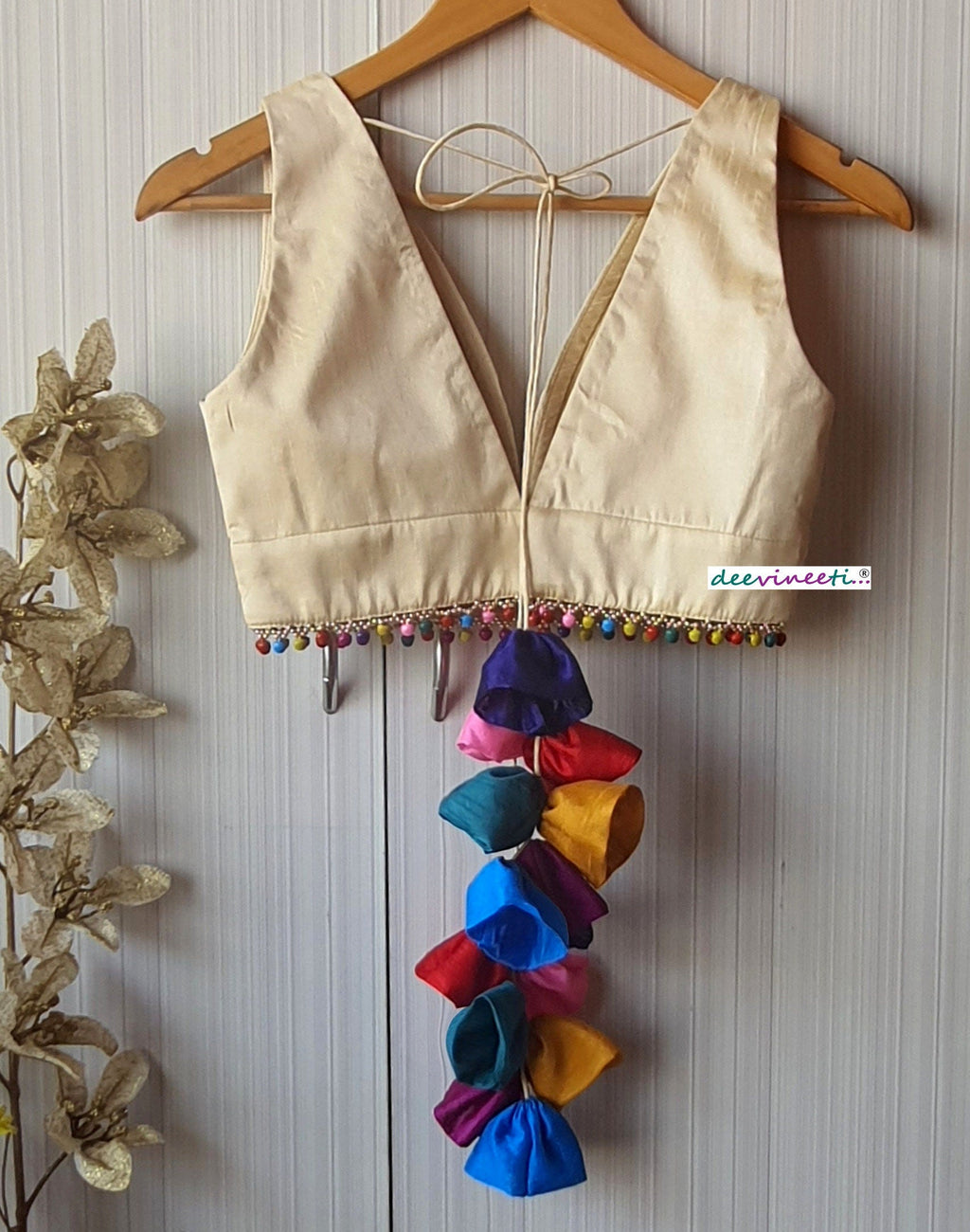 Raw Silk Plunge Neckline Blouse with Multicolor Fringes DVBL_116