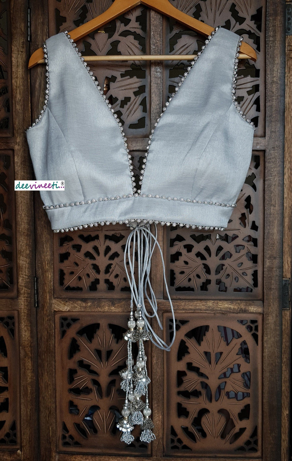 Silver Embellished Tissue Silk Plunge Neckline Blouse DVBL_115